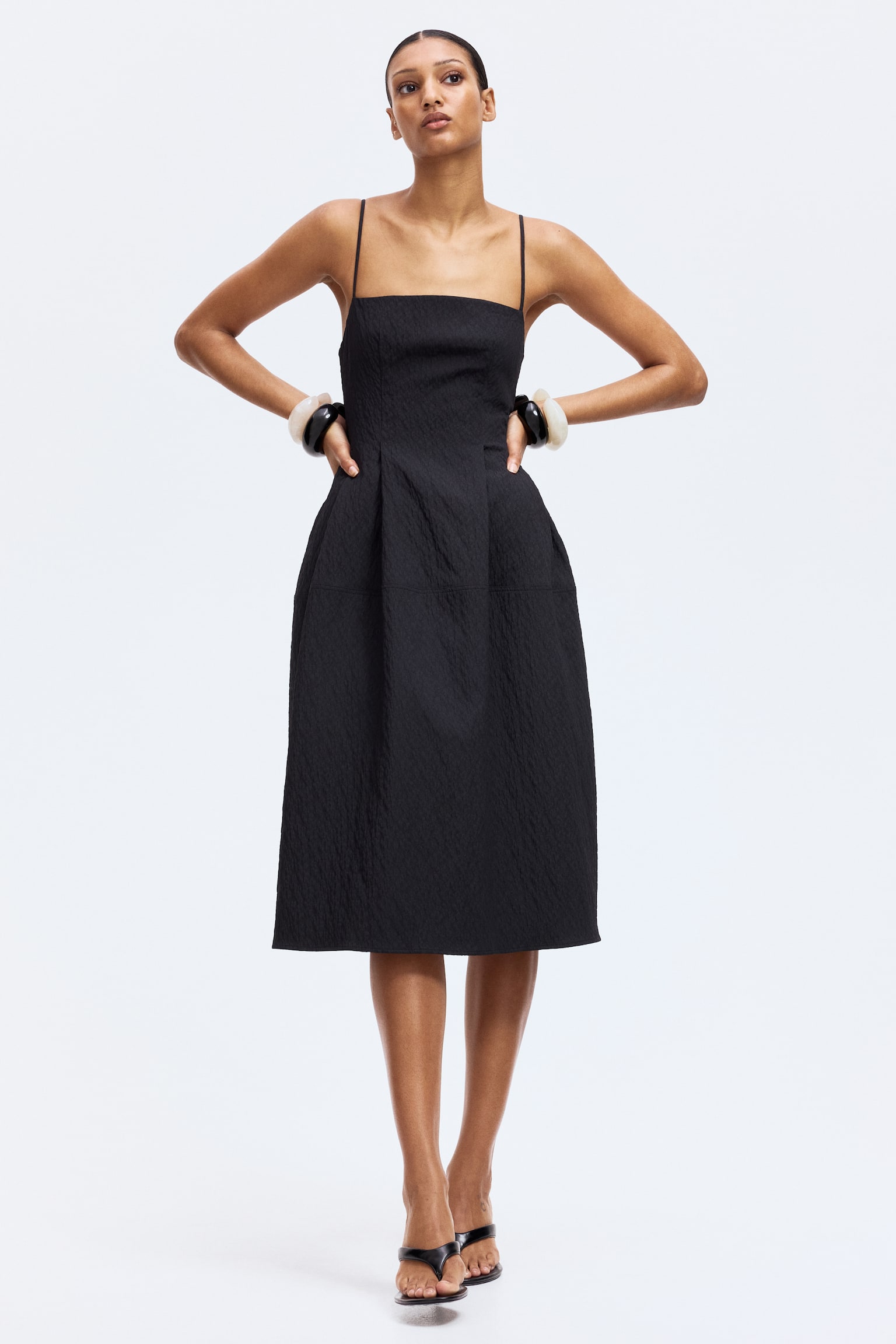 Jacquard-weave strappy dress - Black/Brick red - 3