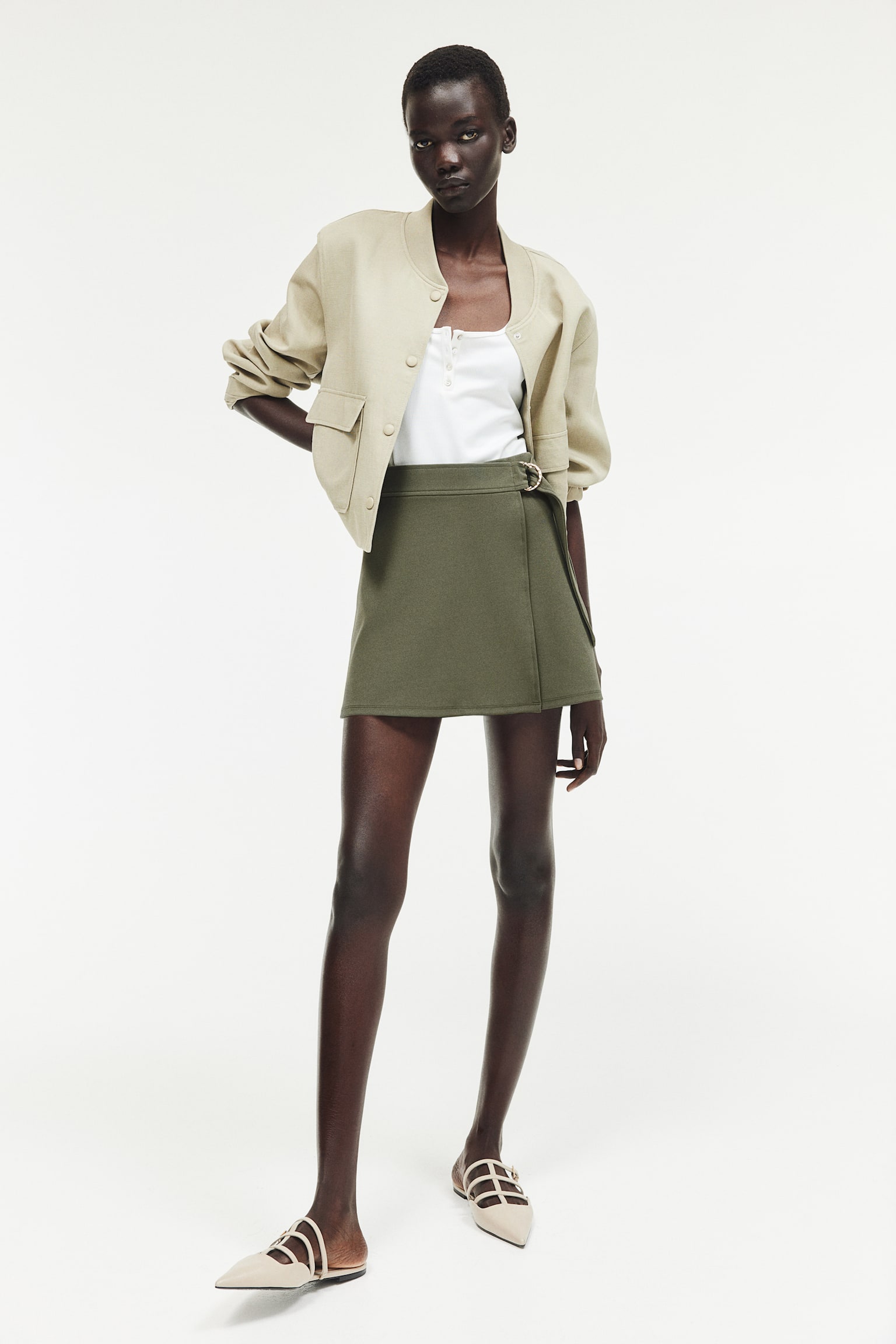 Jersey wrap skort - Mörk khakigrön/Beige - 3