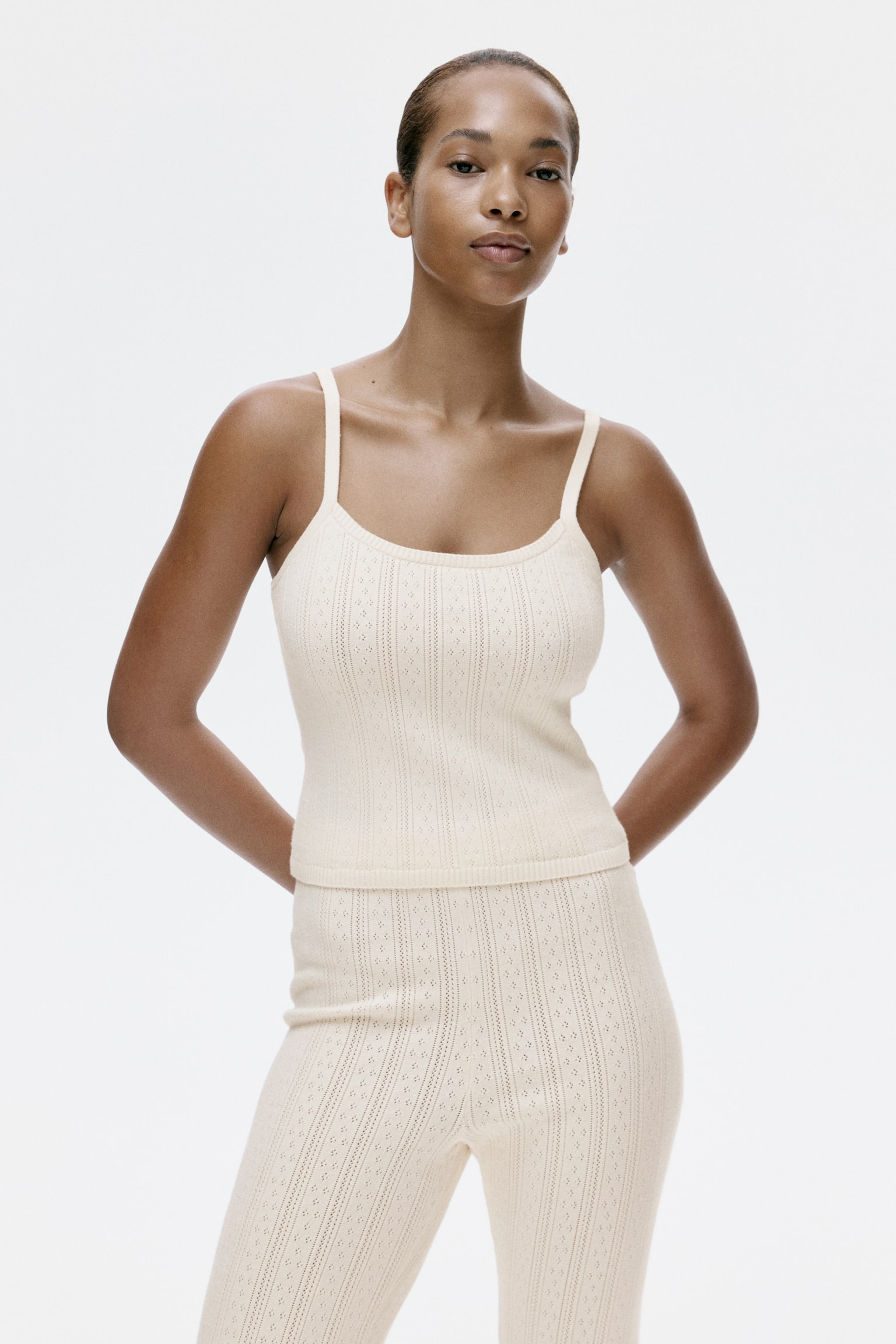 Pointelle-knit strappy top - Light beige - 1