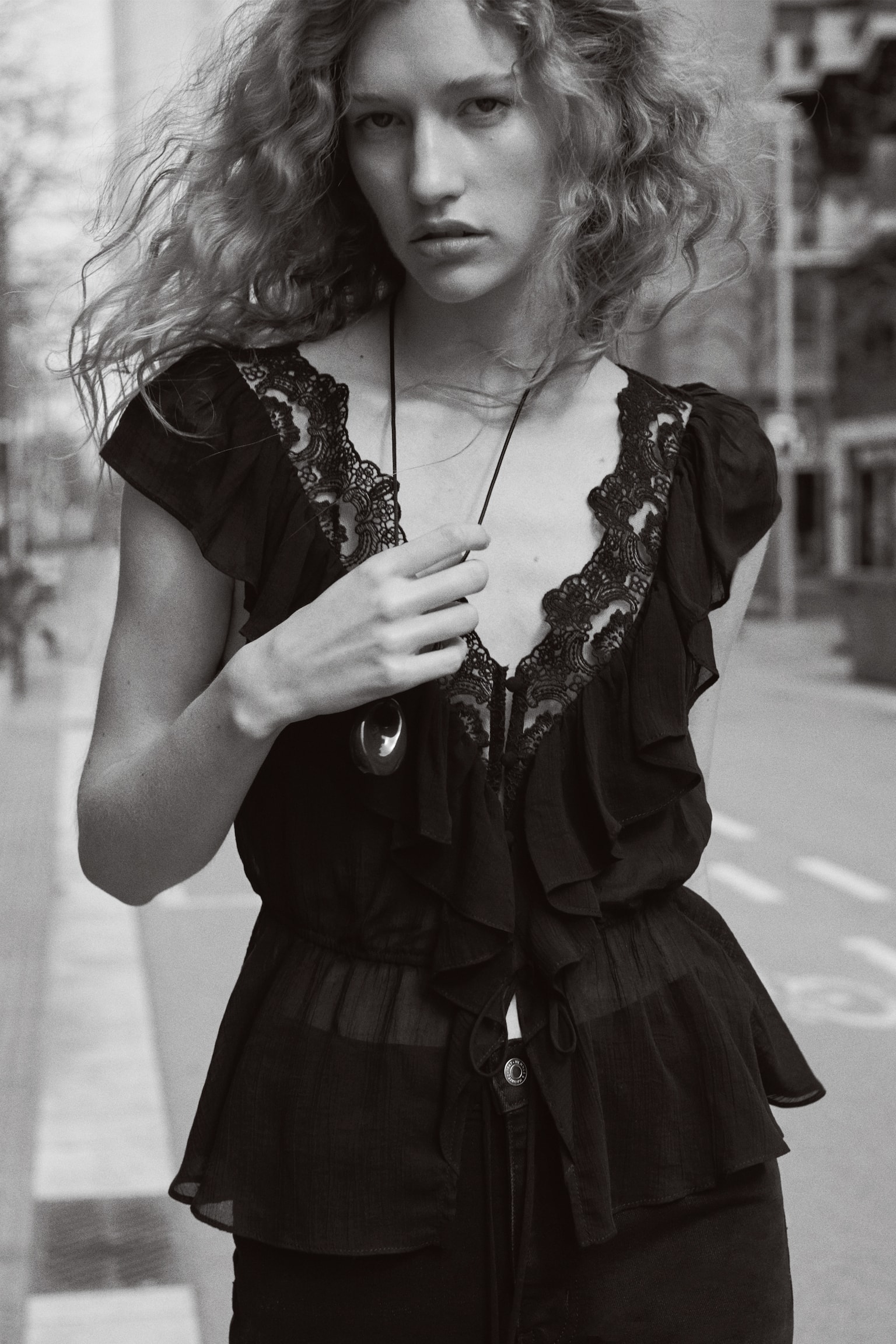 Flounce-trimmed lyocell top - Black - 1