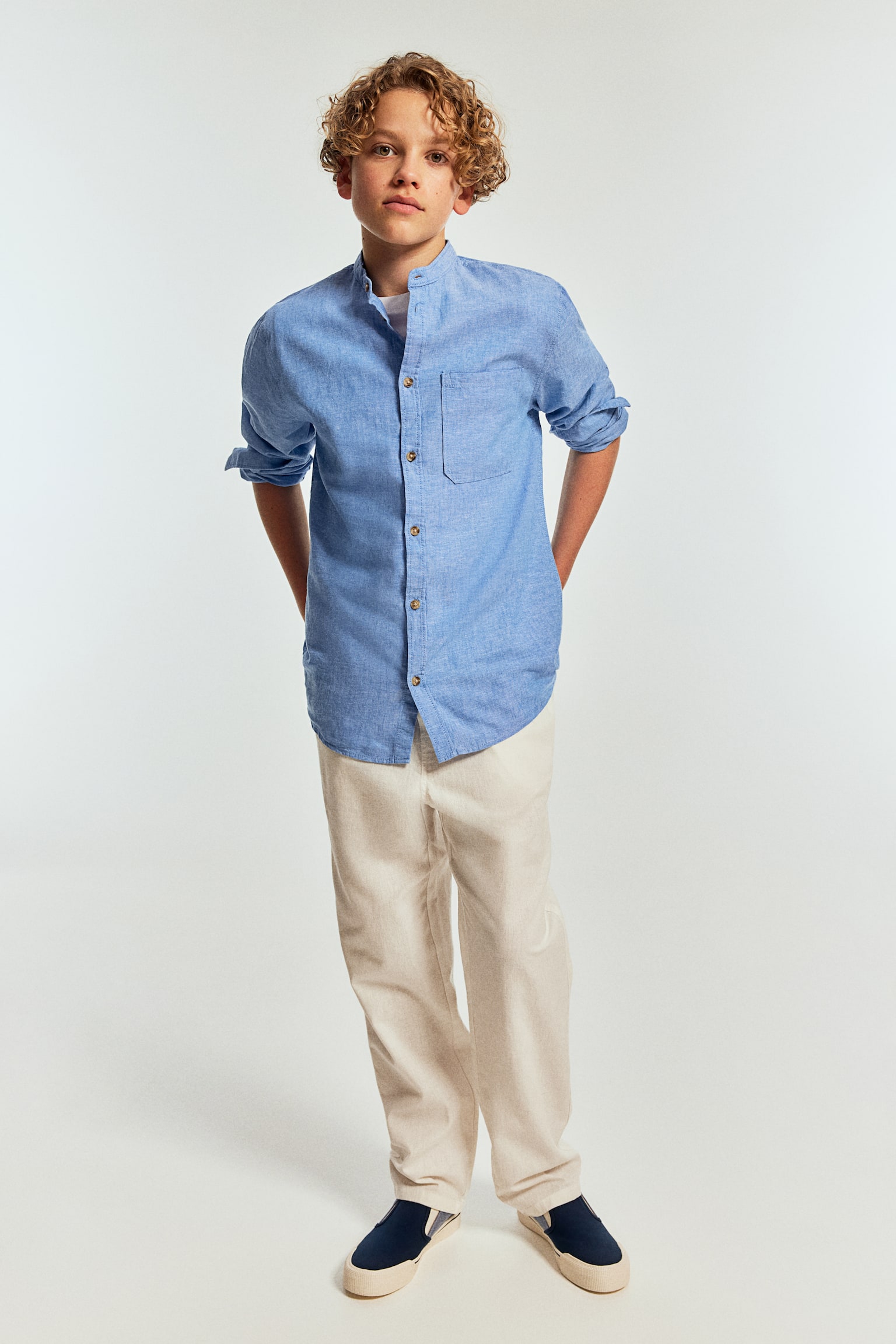 Linen Blend Grandad Shirt - Light blue marle/White - 6