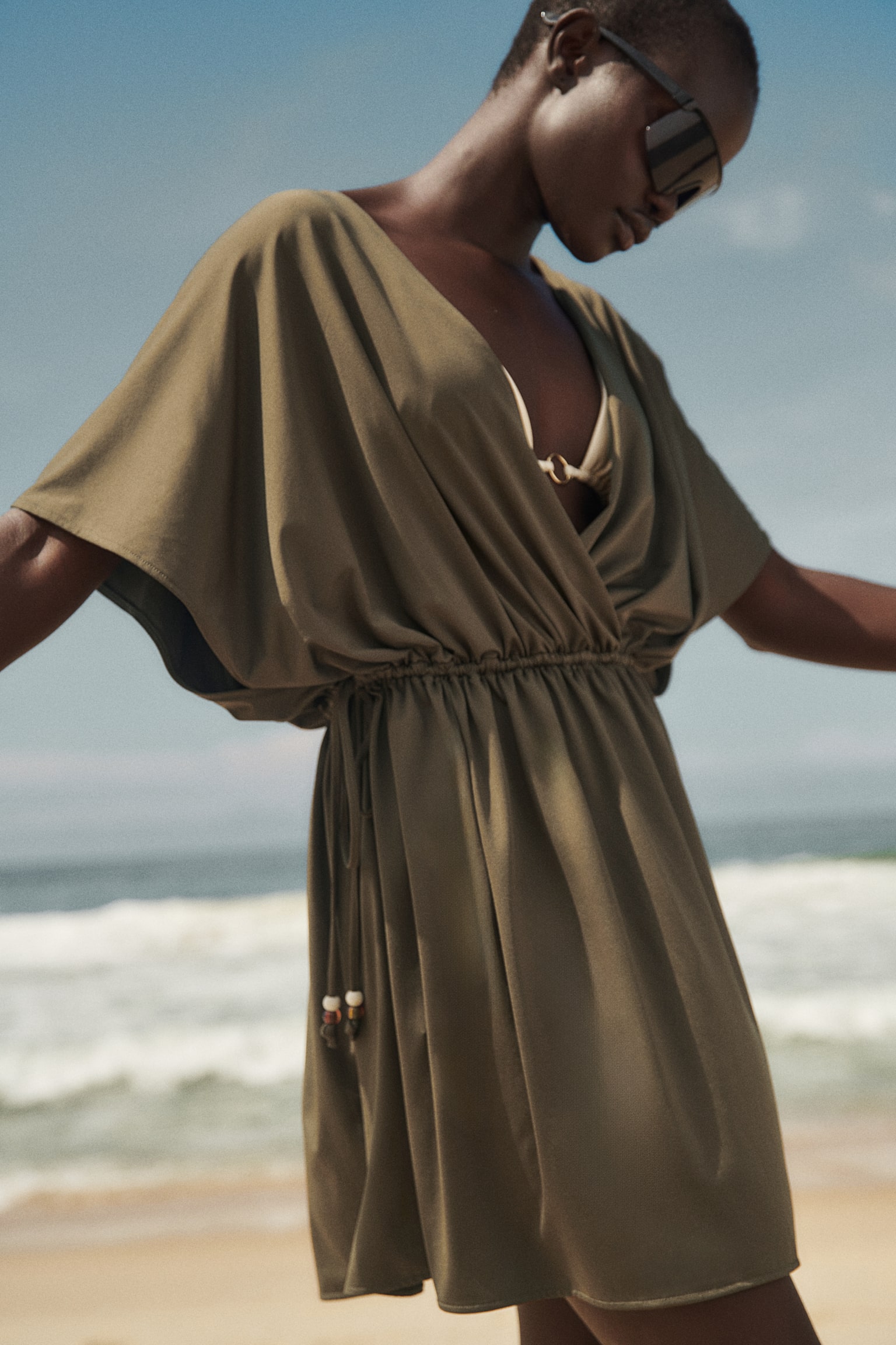 V-neck Beach Dress - Dark khaki green/Pale beige/Black/Brown - 3