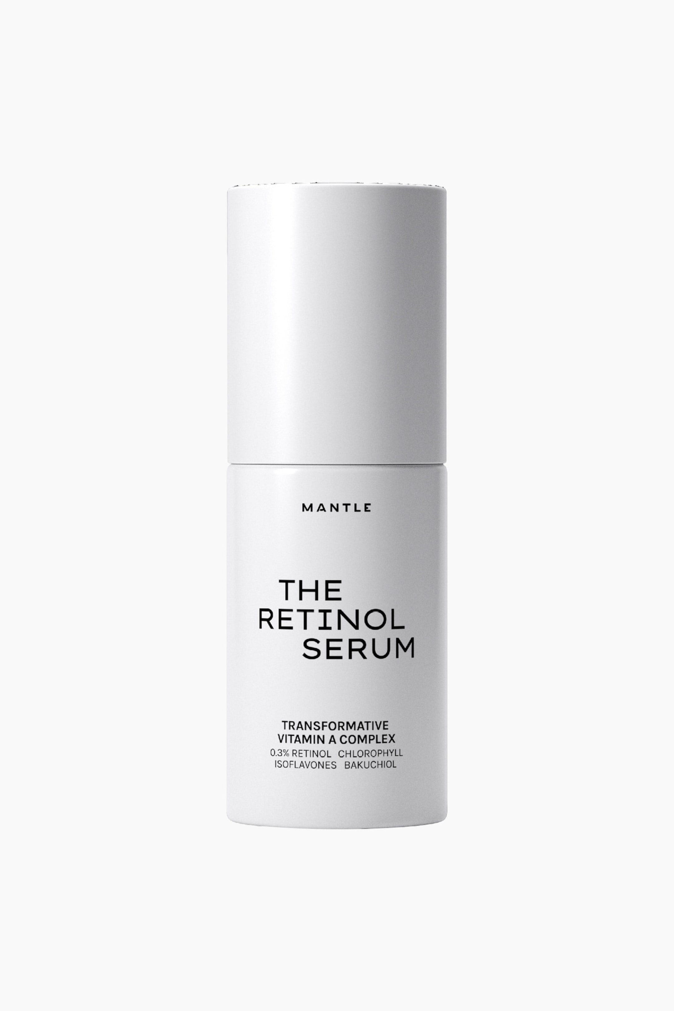 Se større billede: En hvid cylindrisk flaske med Mantle The Retinol Serum står oprejst og vender fremad. Sort tekst viser brandnavnet, produktnavnet og ingrediensoplysningerne på overfladen.