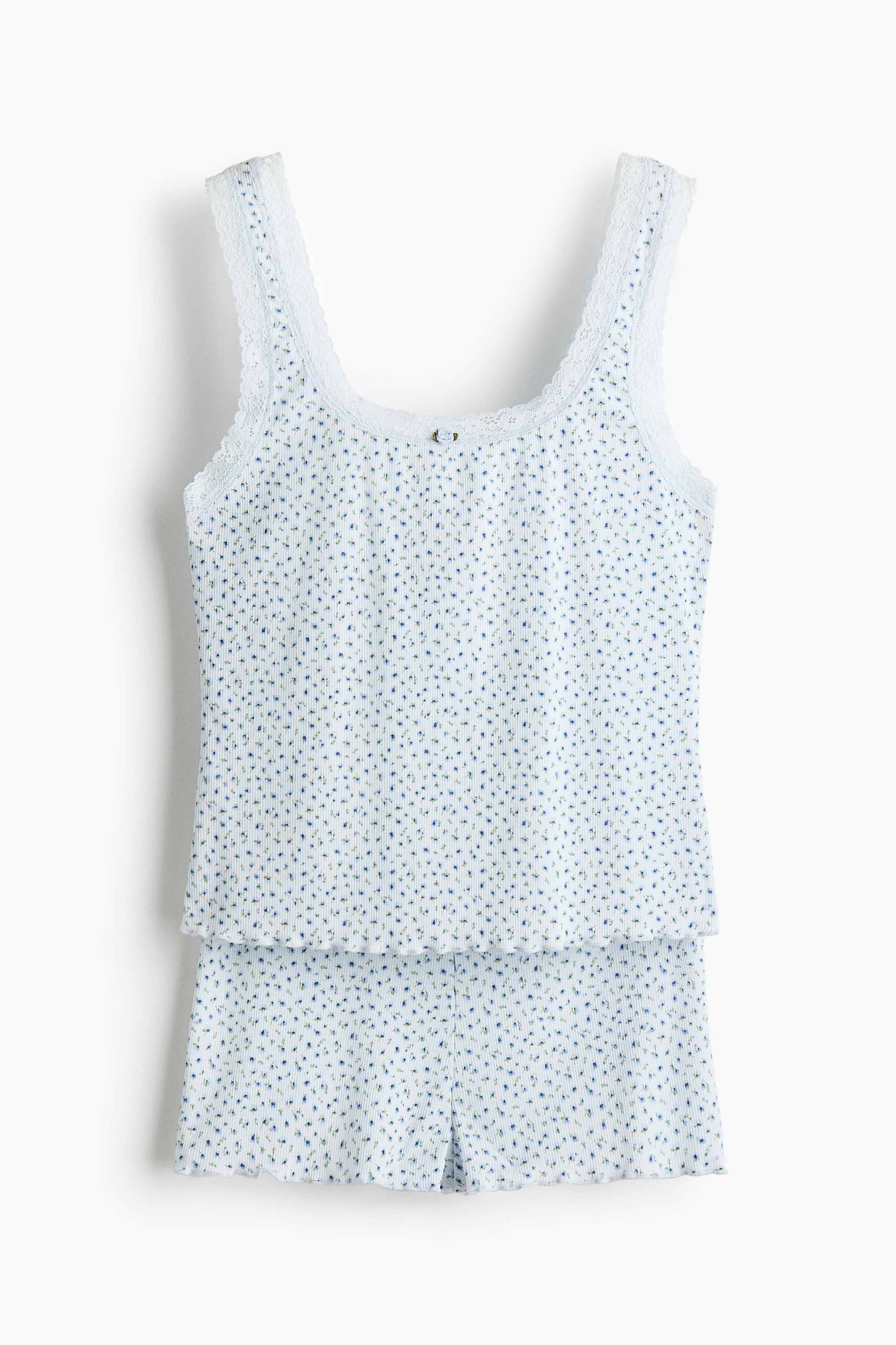 Lace-Trimmed Ribbed Pajamas - Light blue/floral/Dark brown