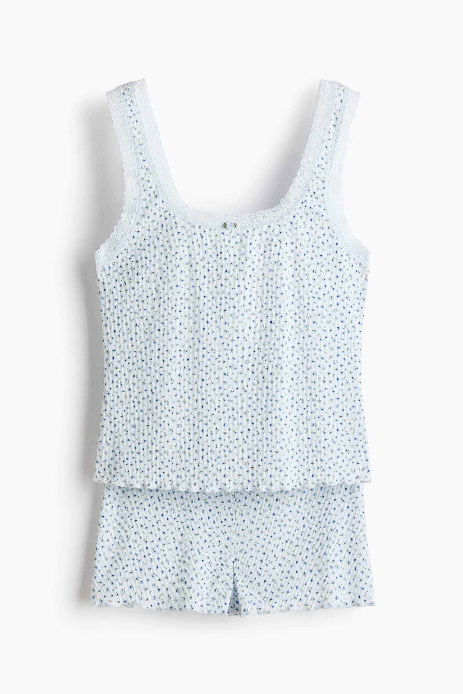 Rebrované pyžamo s čipkovým lemom - Svetlomodrá/kvetovaná/Tmavohnedá/Broskyňovoružová/kvetovaná - 1