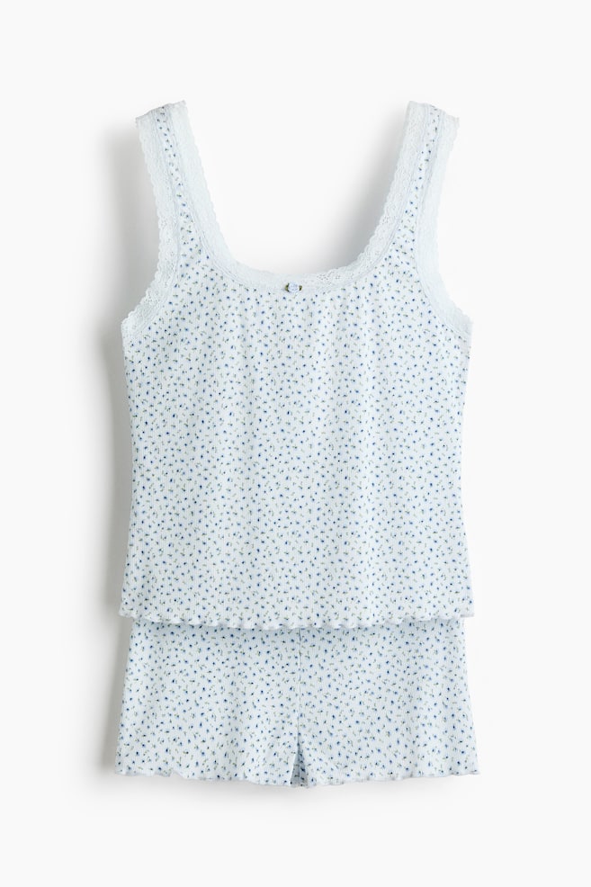 Lace-trimmed ribbed pyjamas - Light blue/Floral - 1