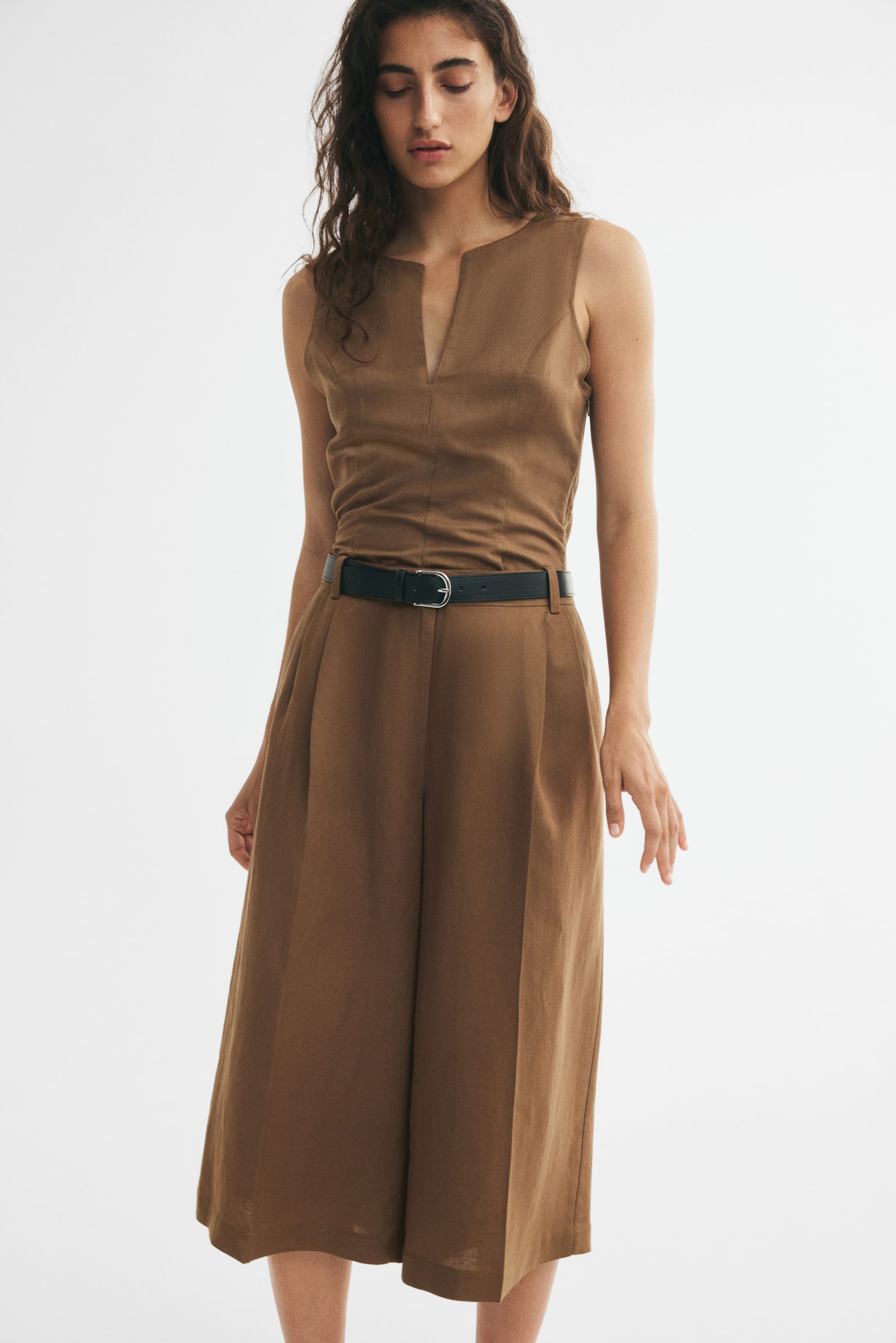 Wide-Leg Linen-Blend Culottes - Dark beige/Dark purple - 1