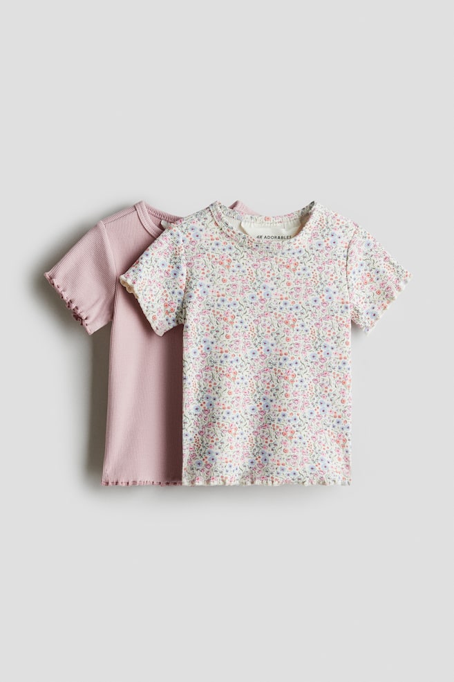 2er-Pack Gerippte Baumwollshirts - Rosa/Geblümt/Cremefarben/Zitronen/Beige/Geblümt/Cremefarben/Himbeeren/Dunkelbeige/Weiss - 1