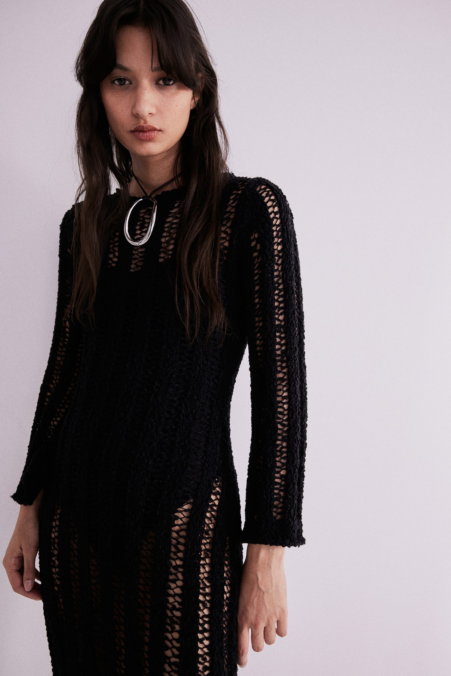 Ladder Stitch Look Knit Dress - Black/Light greige - 4