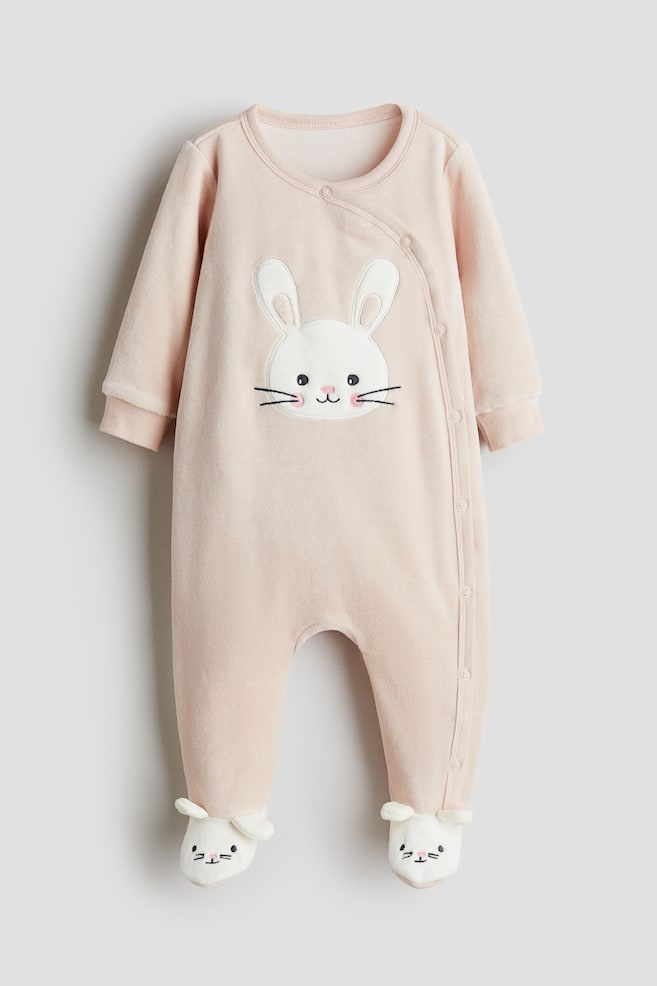 Velour sleepsuit with full feet - Light dusty pink/Rabbit - 1