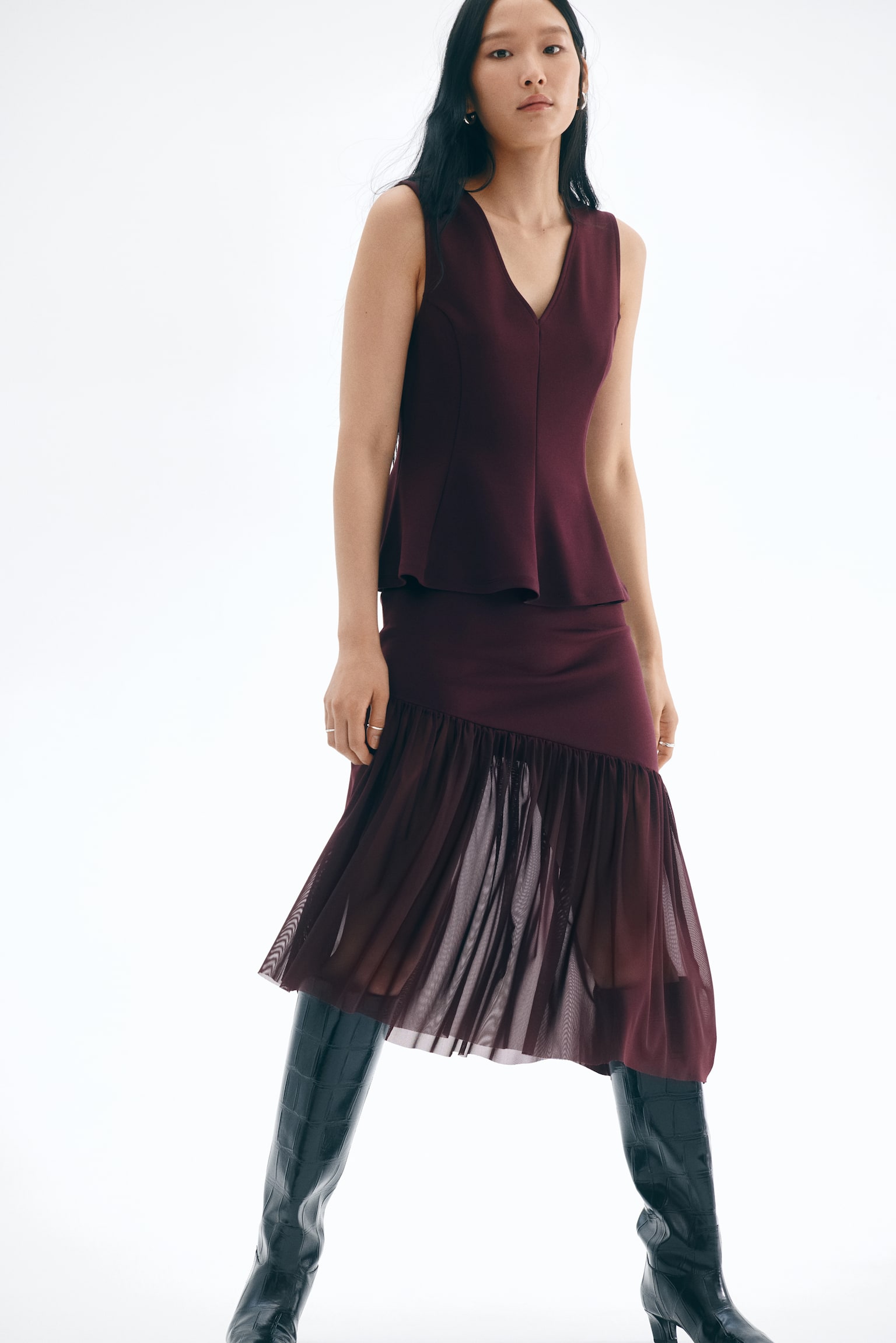 Peplumlu İnterlok Üst - Bordo/Koyu yeşil - 4