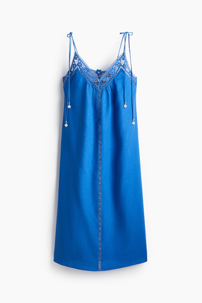 Robe avec bretelles à nouer et broderie anglaise - Bleu/Rose poudré - 1