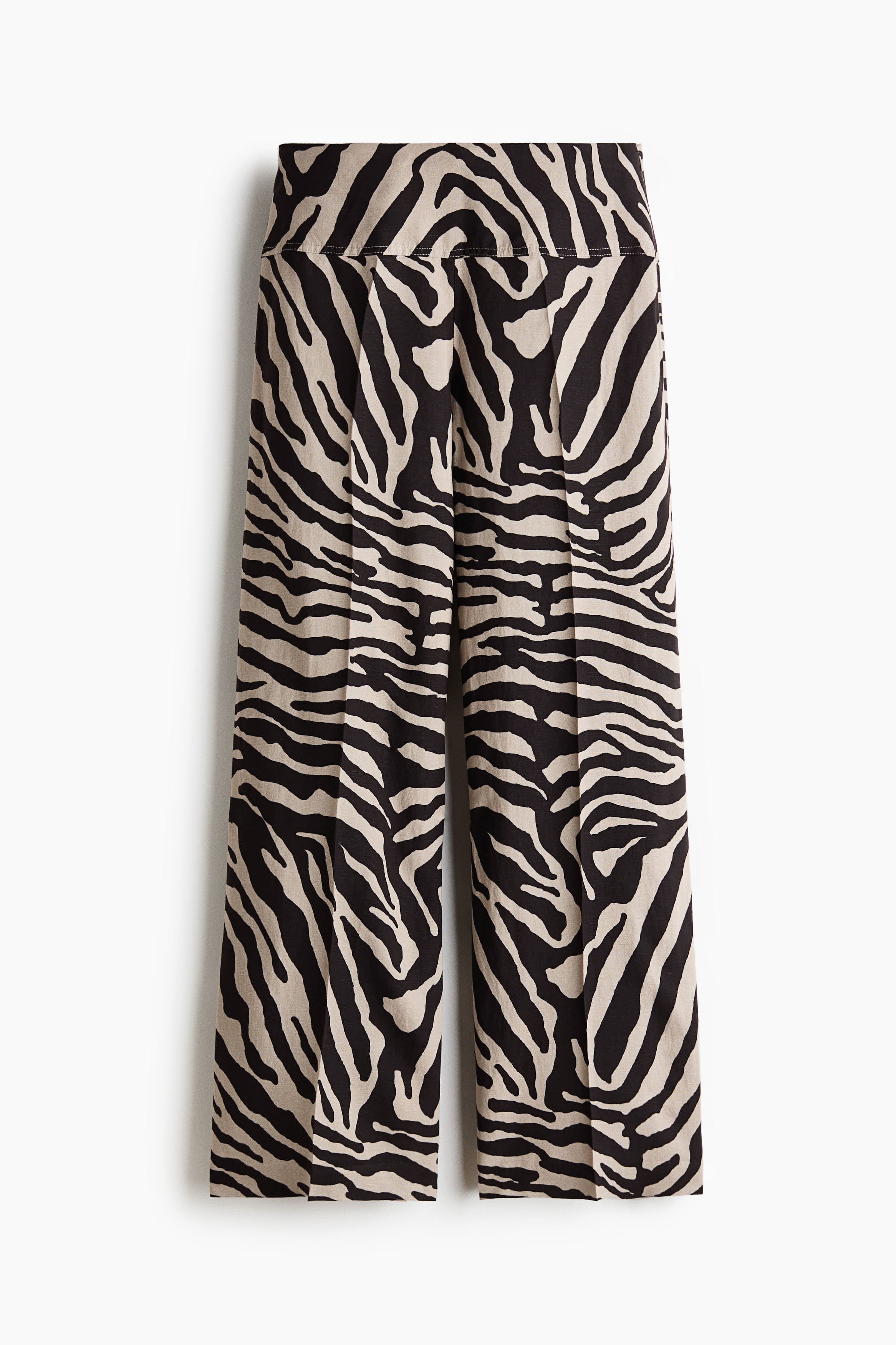 Flared linen-blend trousers - Light beige/Zebra print