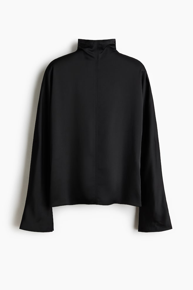 Satin Mock Turtleneck Blouse - Black - 1