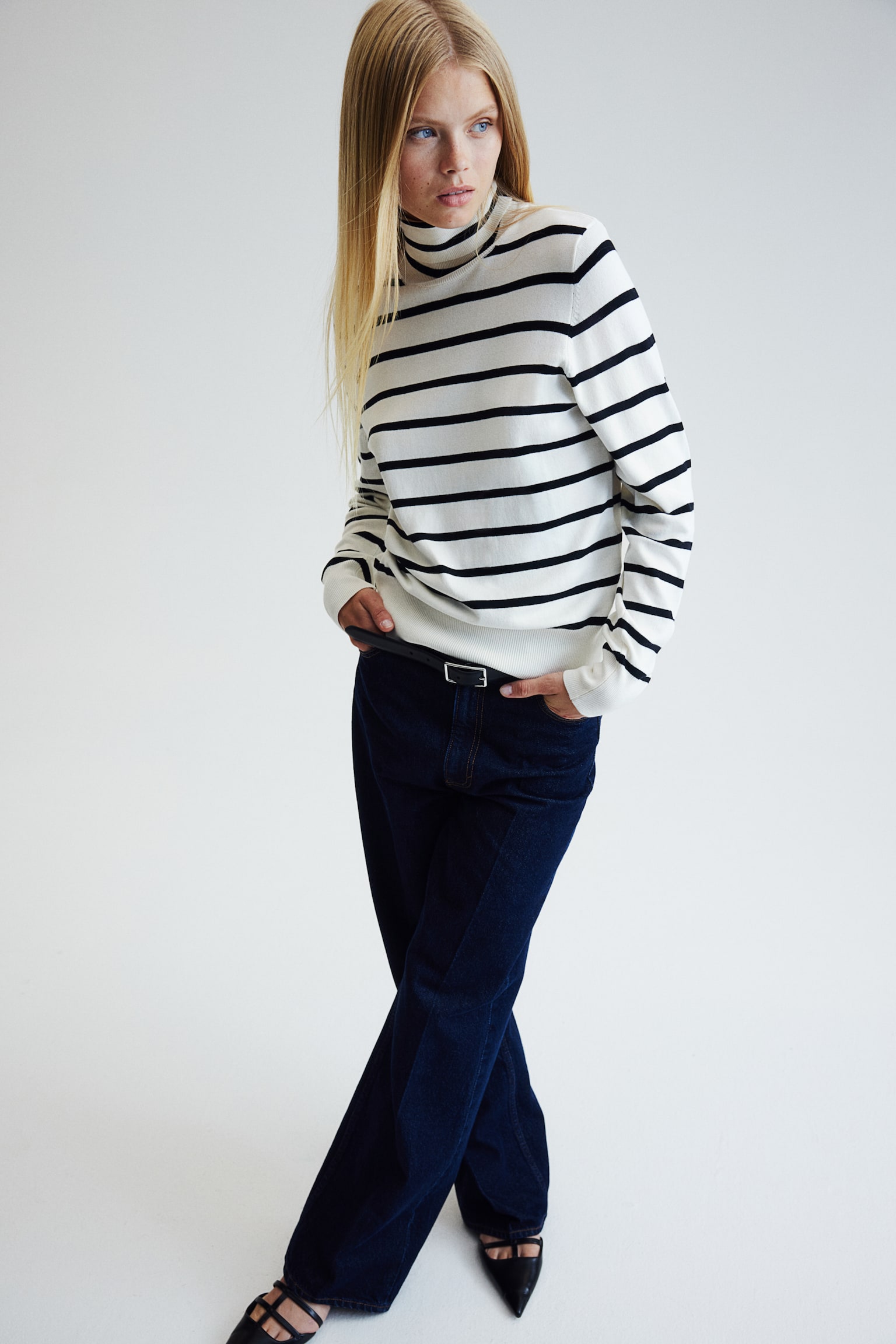 Polo-neck jumper - White/Striped/Navy blue/Grey marl/White/Black - 3