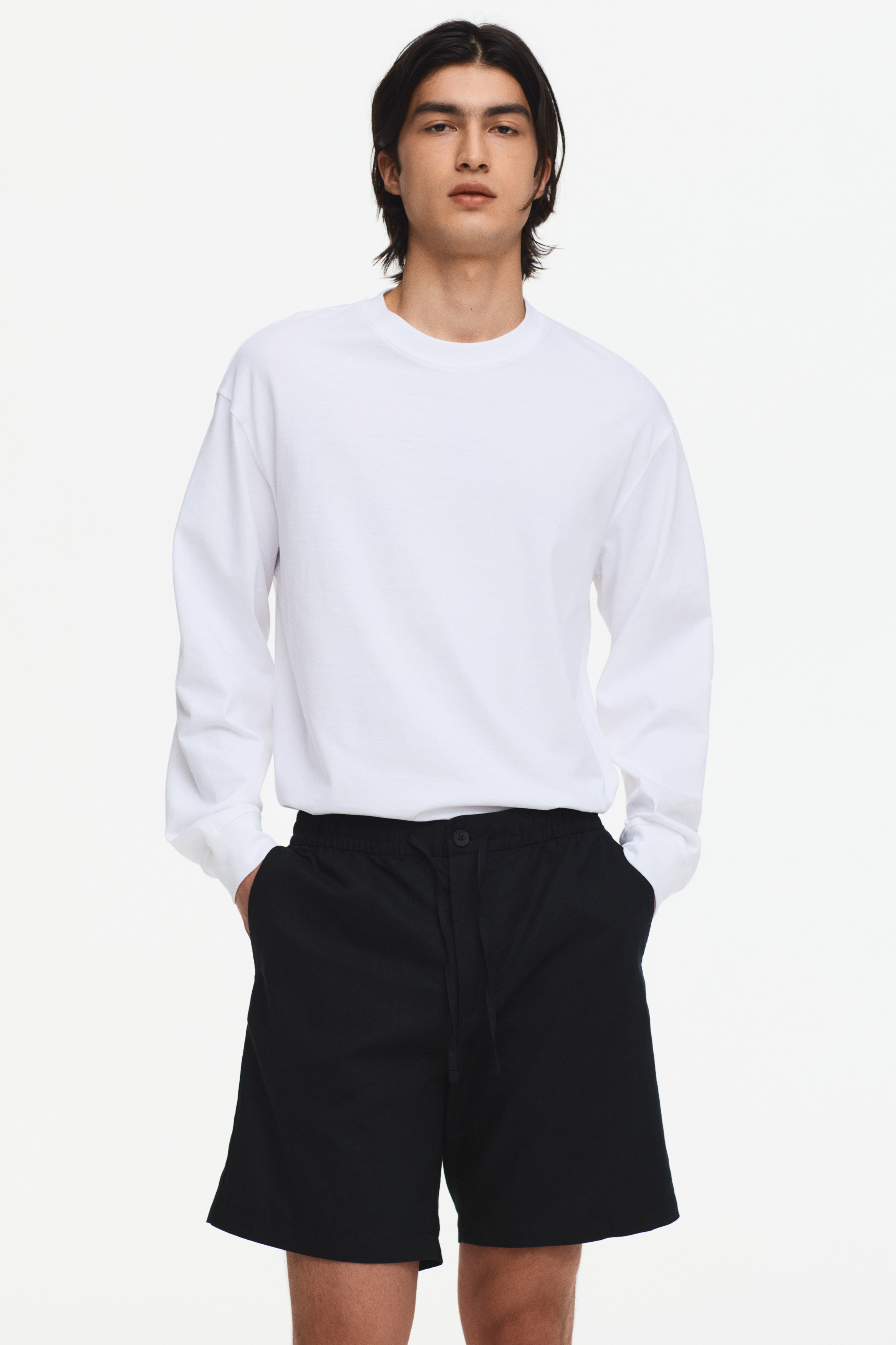 Shorts i linmix Regular Fit - Svart/Crèmevit/Mörkbrun/Vit