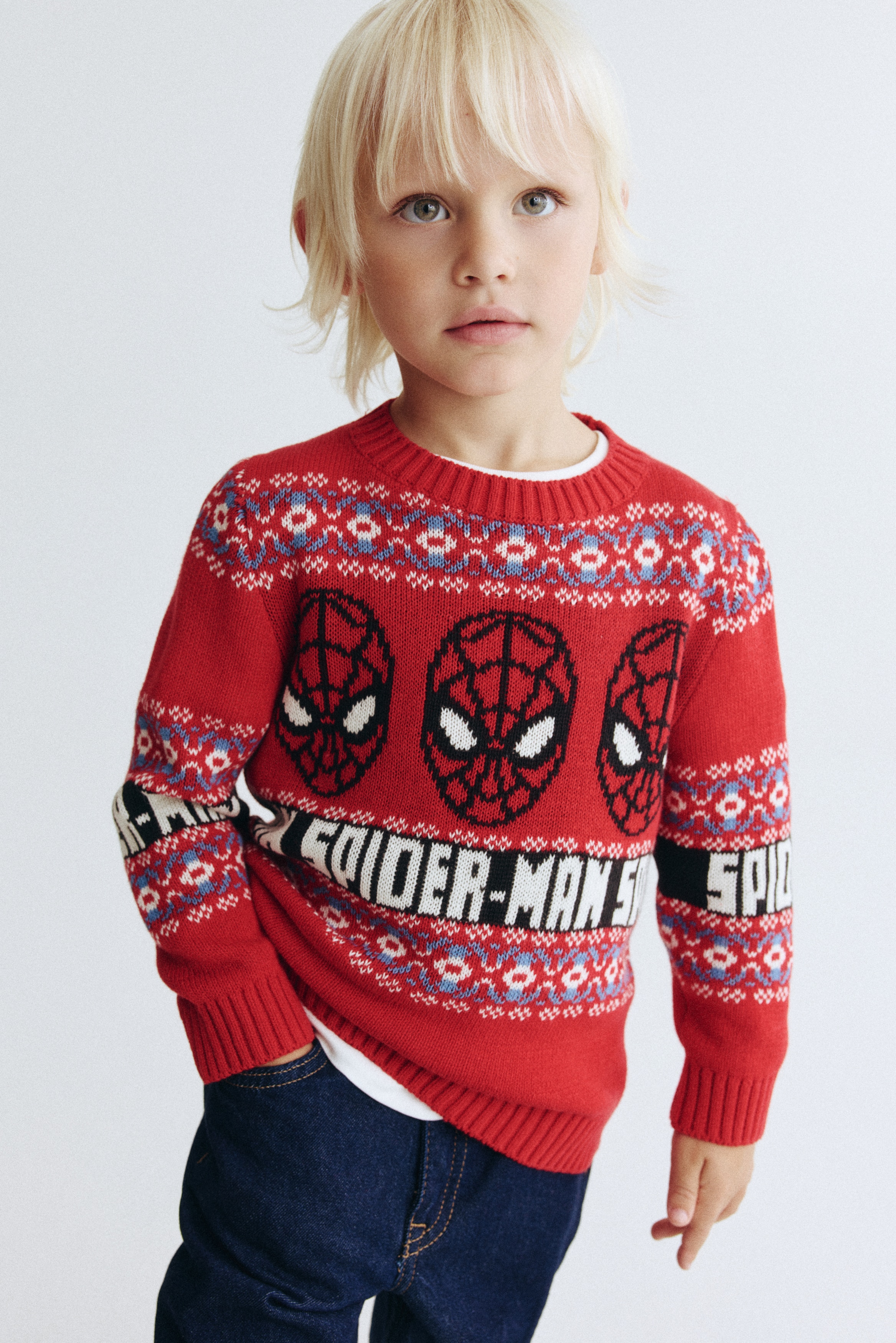 Gutt - Rød/Marvel Comics Jacquardstrikket bomullsgenser - Size: 122/128 (6-8Y)  - H&M