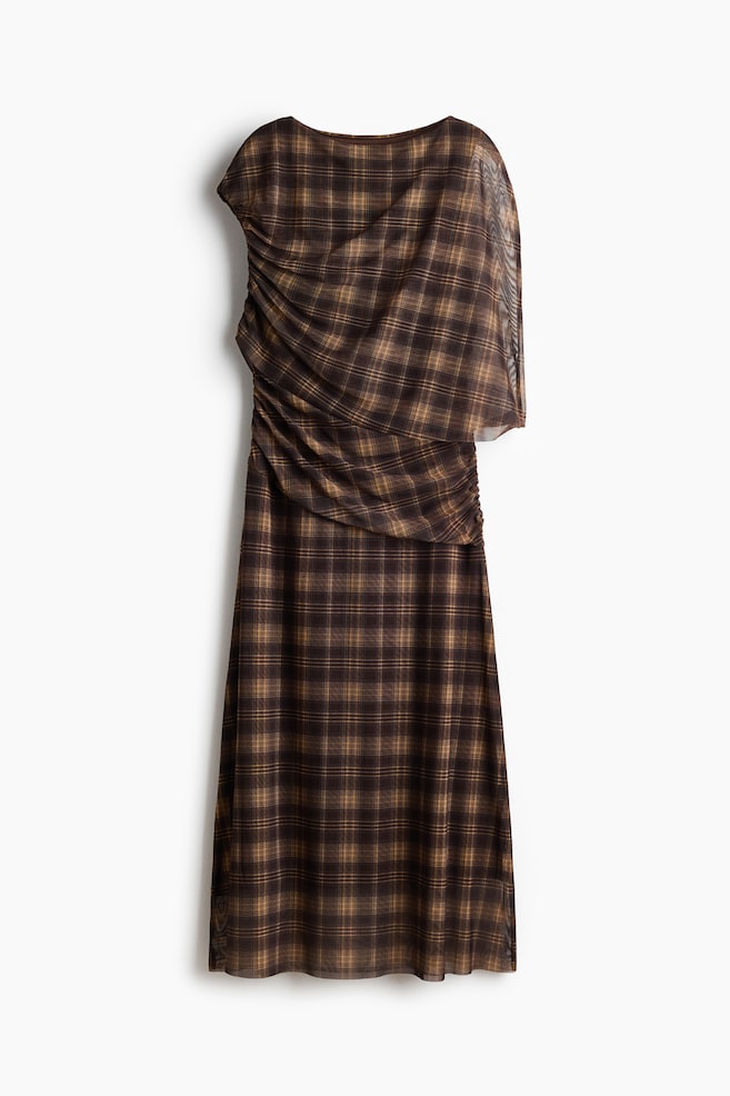 Vestido drapeado con capa decorativa - Marrón oscuro/Cuadros - 1