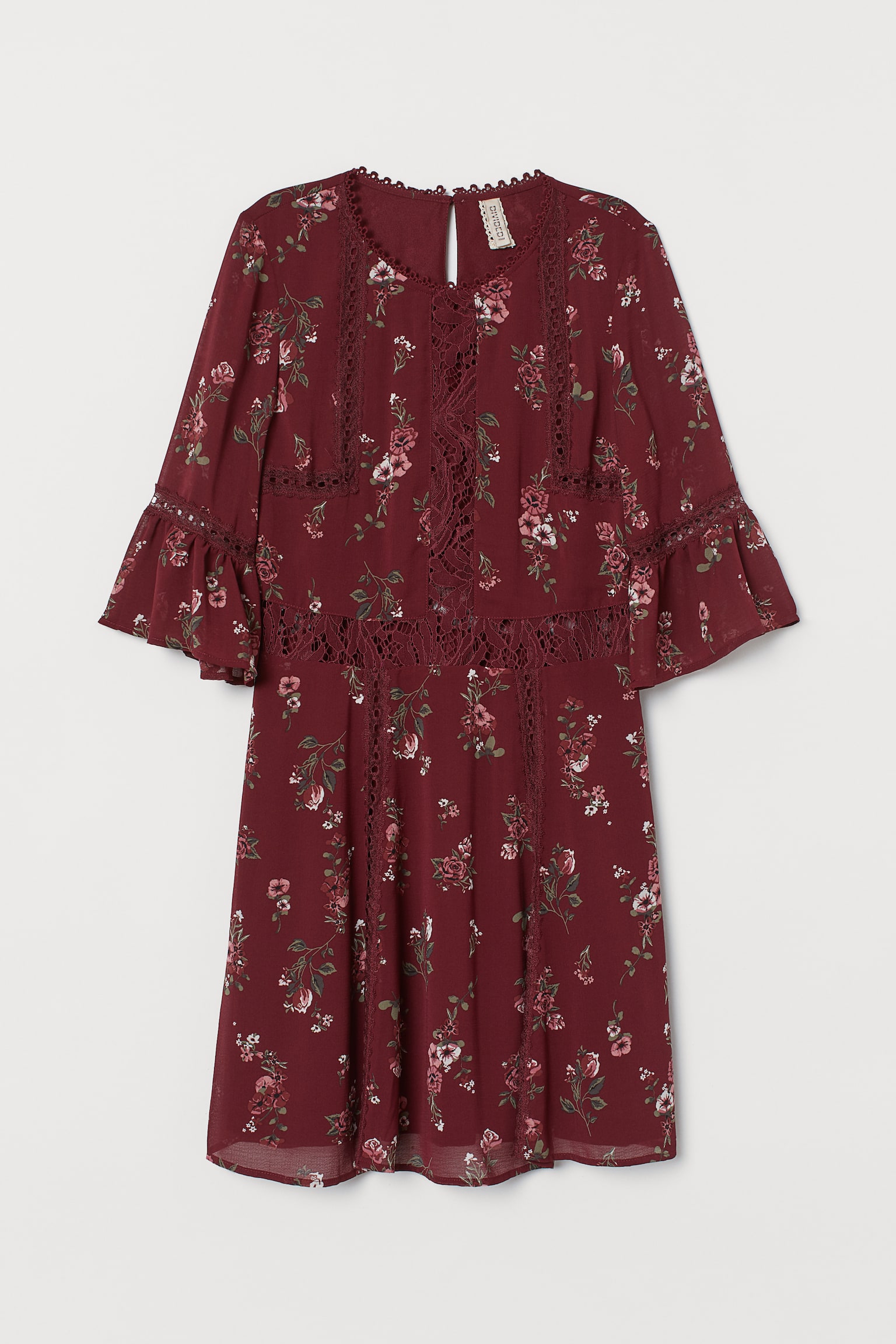 Chiffonkleid mit Spitze - Dunkelrot/Geblümt