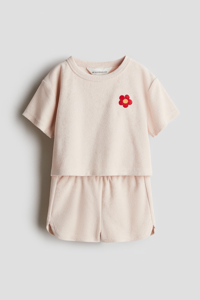 2-teiliges Set mit Shirt und Shorts aus Frottee - Hellrosa/Blume - 1
