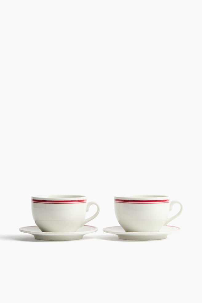 Pack de 2 tazas y platillos de porcelana - Blanco/Rojo/Blanco/Negro/Blanco/Azul - 1
