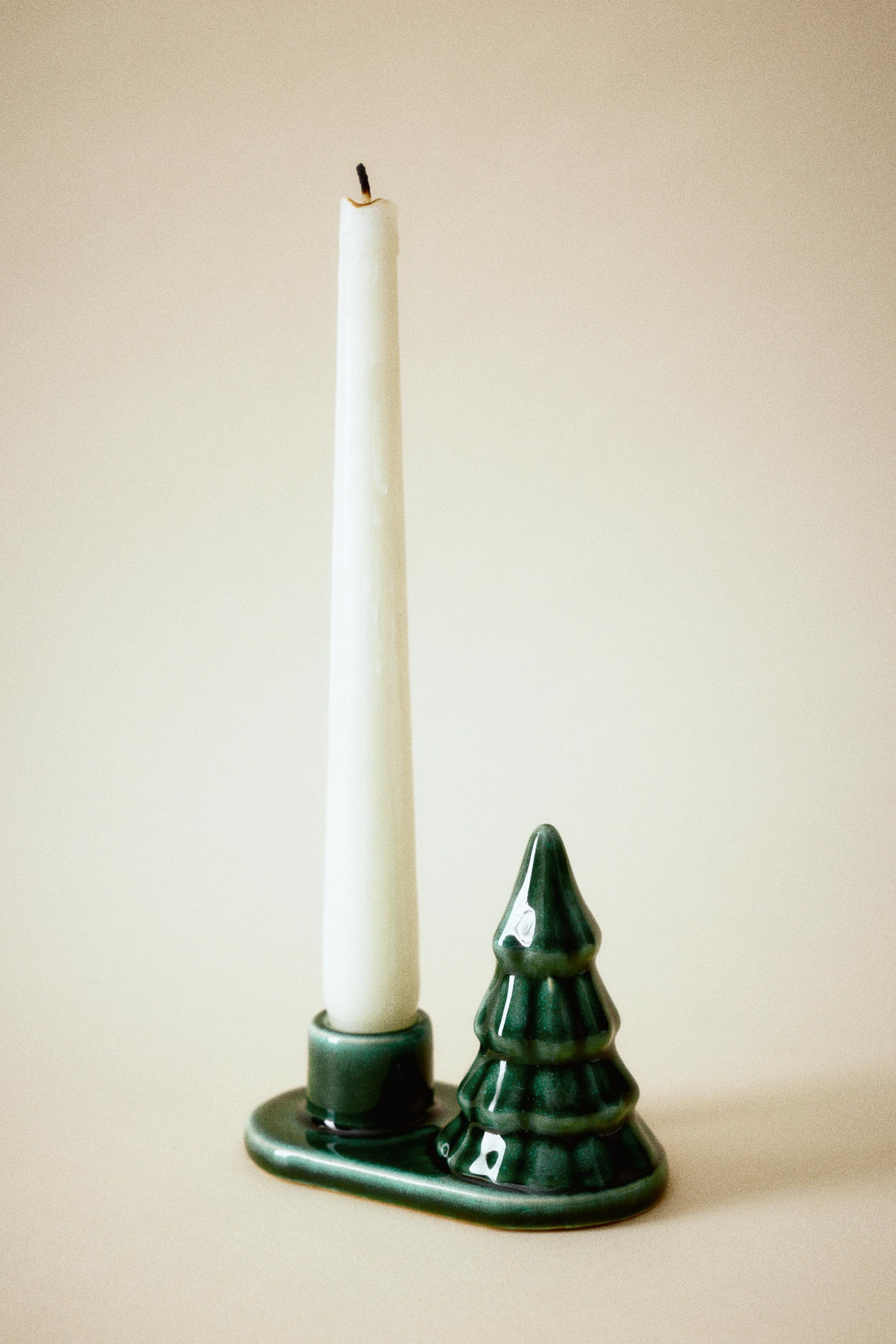 Stoneware Candlestick - Green/tree/Silver-colored/Silver-colored/White