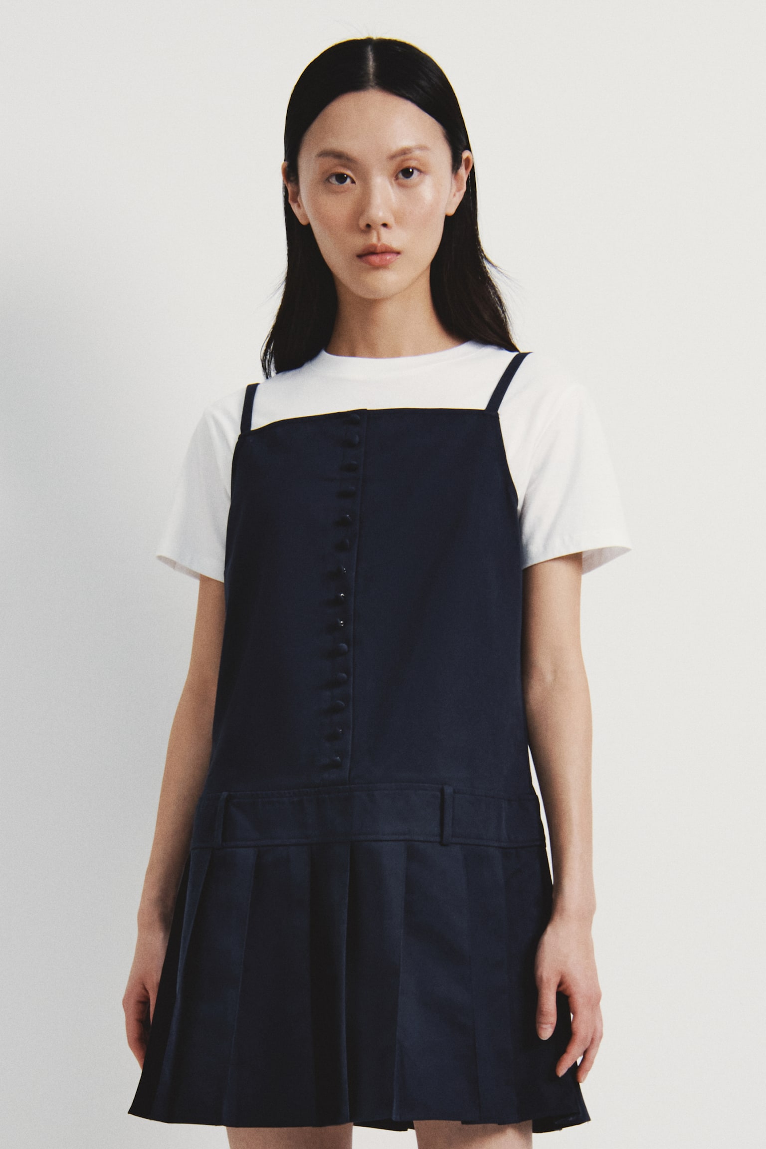 Pleated-Skirt Dress - Navy blue/Beige - 2