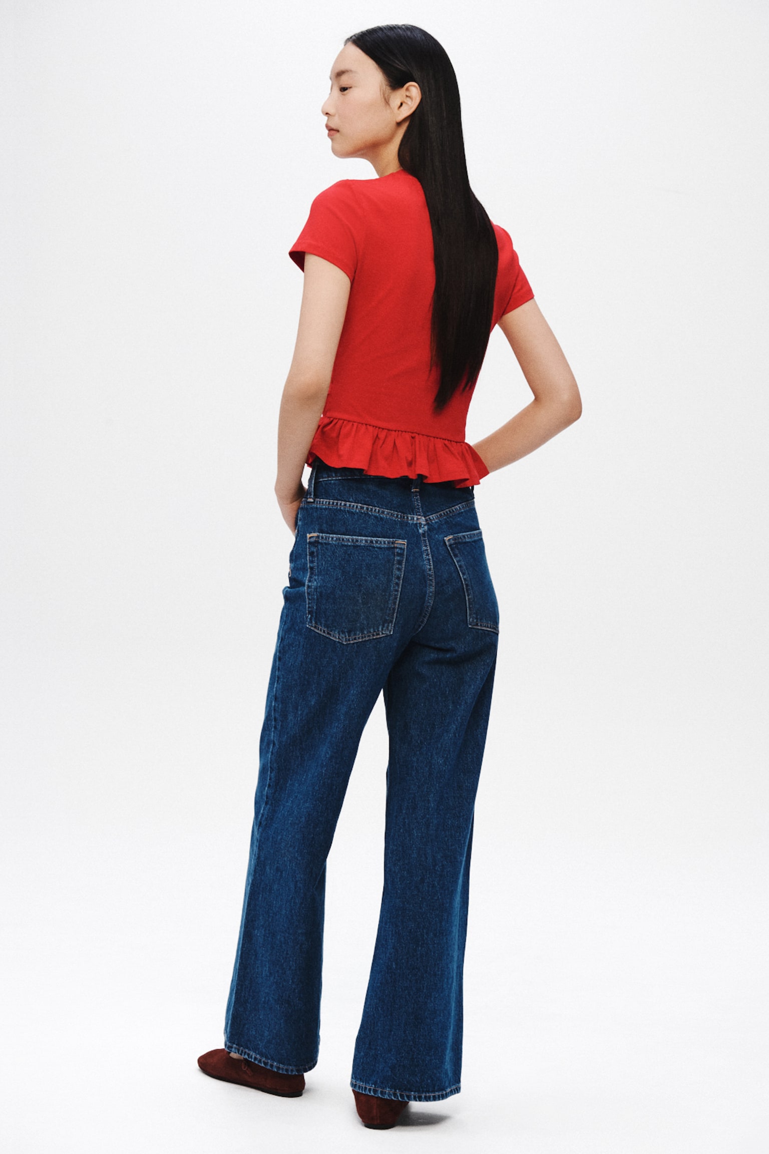 Frill-trimmed cotton top - Màu đỏ/Màu xanh dương nhạt/Màu trắng - 4