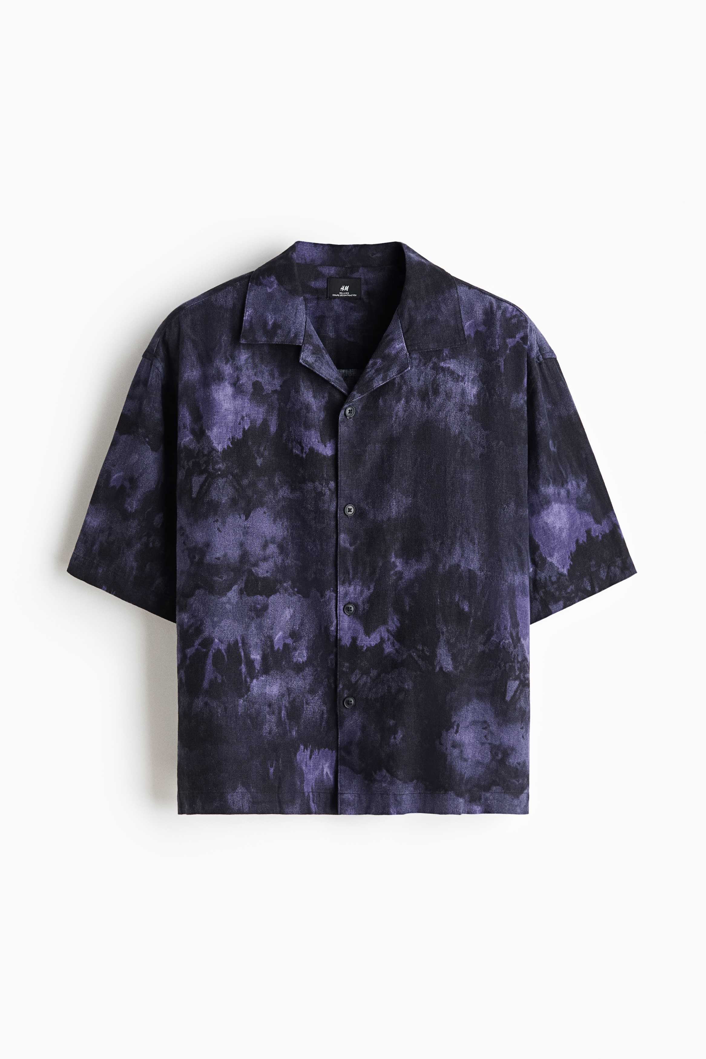 Áo sơ mi hai ve linen pha Relaxed Fit - Màu tím đậm/Hoa văn