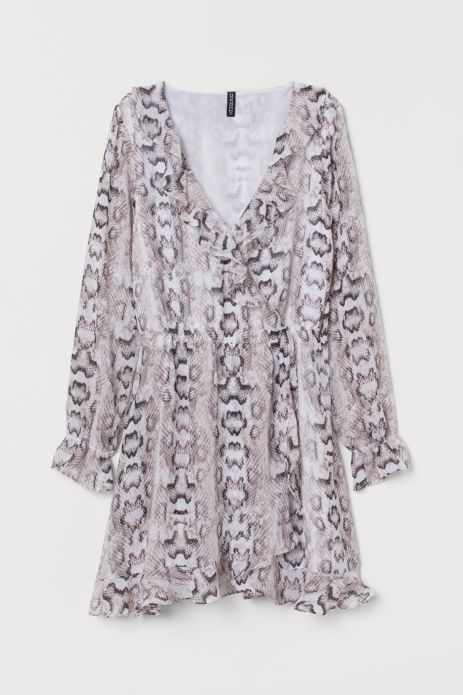 Frill-trimmed wrap dress - Light beige/Snakeskin pattern - 1