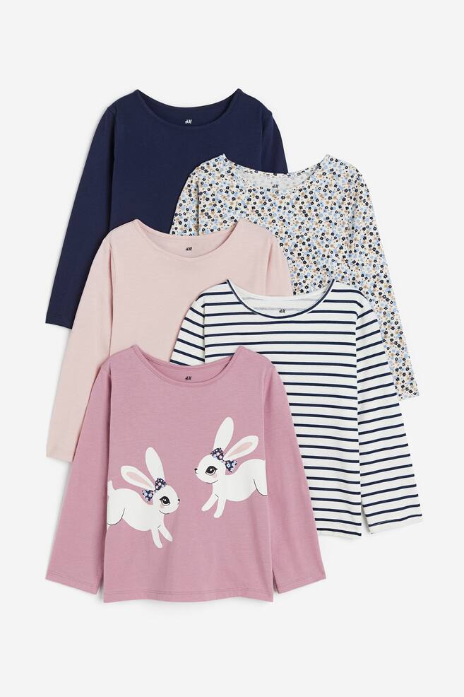 5-pack long-sleeved tops - Dark pink/Rabbits/Light pink/Lilac/Dark grey/Light beige/Cat - 1