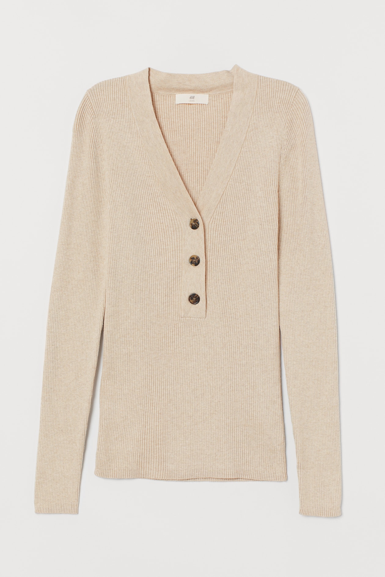 Ribbed jumper - V-neck - Long sleeve - Light beige marl - Ladies | H&M GB