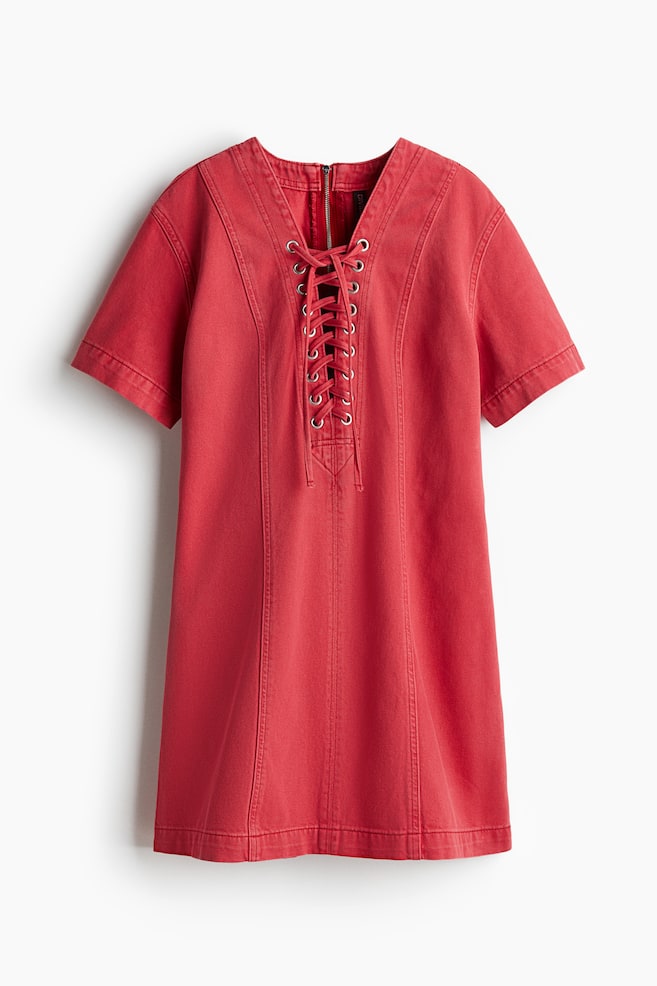 Vestido denim con cordones - Rojo - 1
