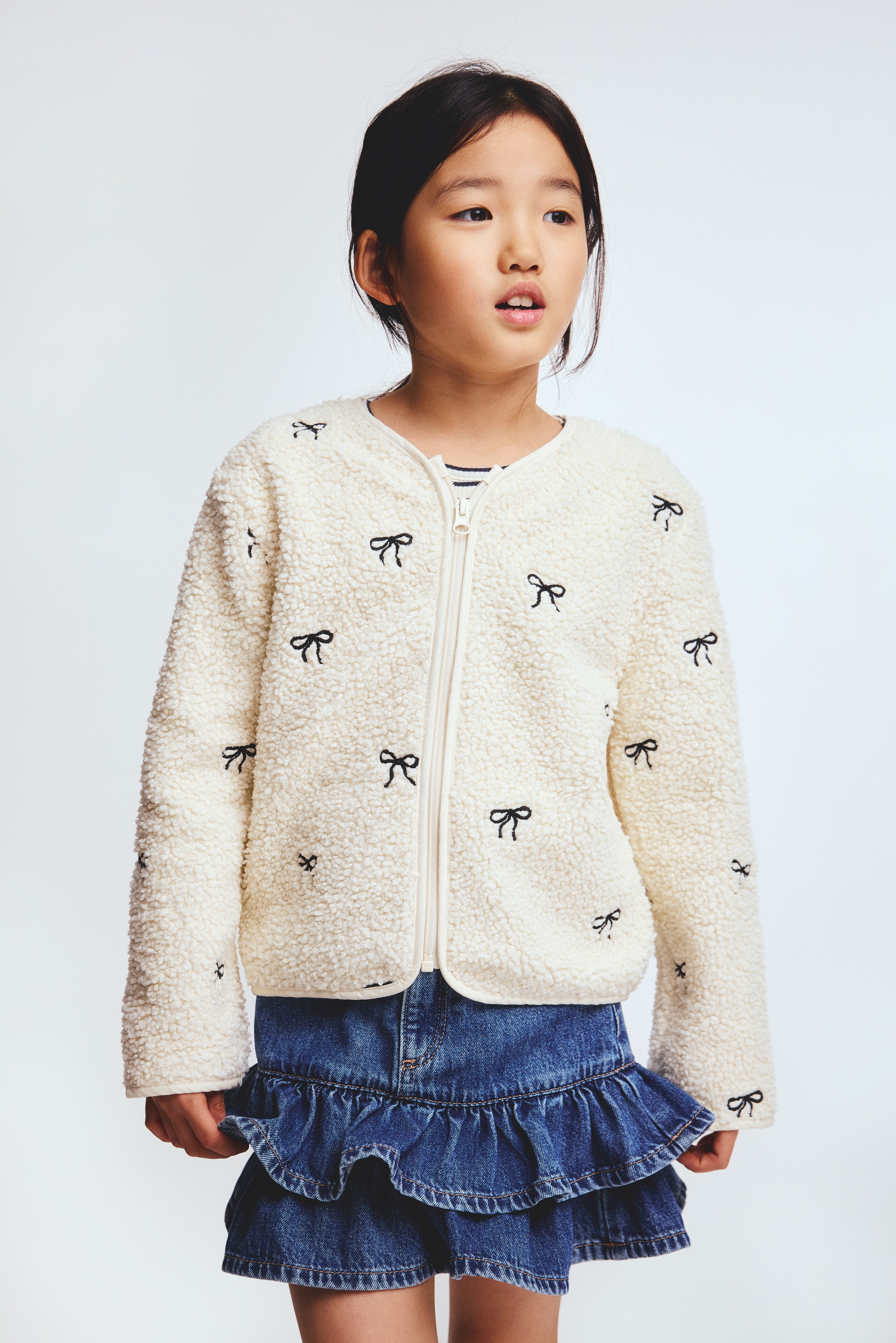 Zip-through teddy cardigan - Cream/Bows/White/Hearts