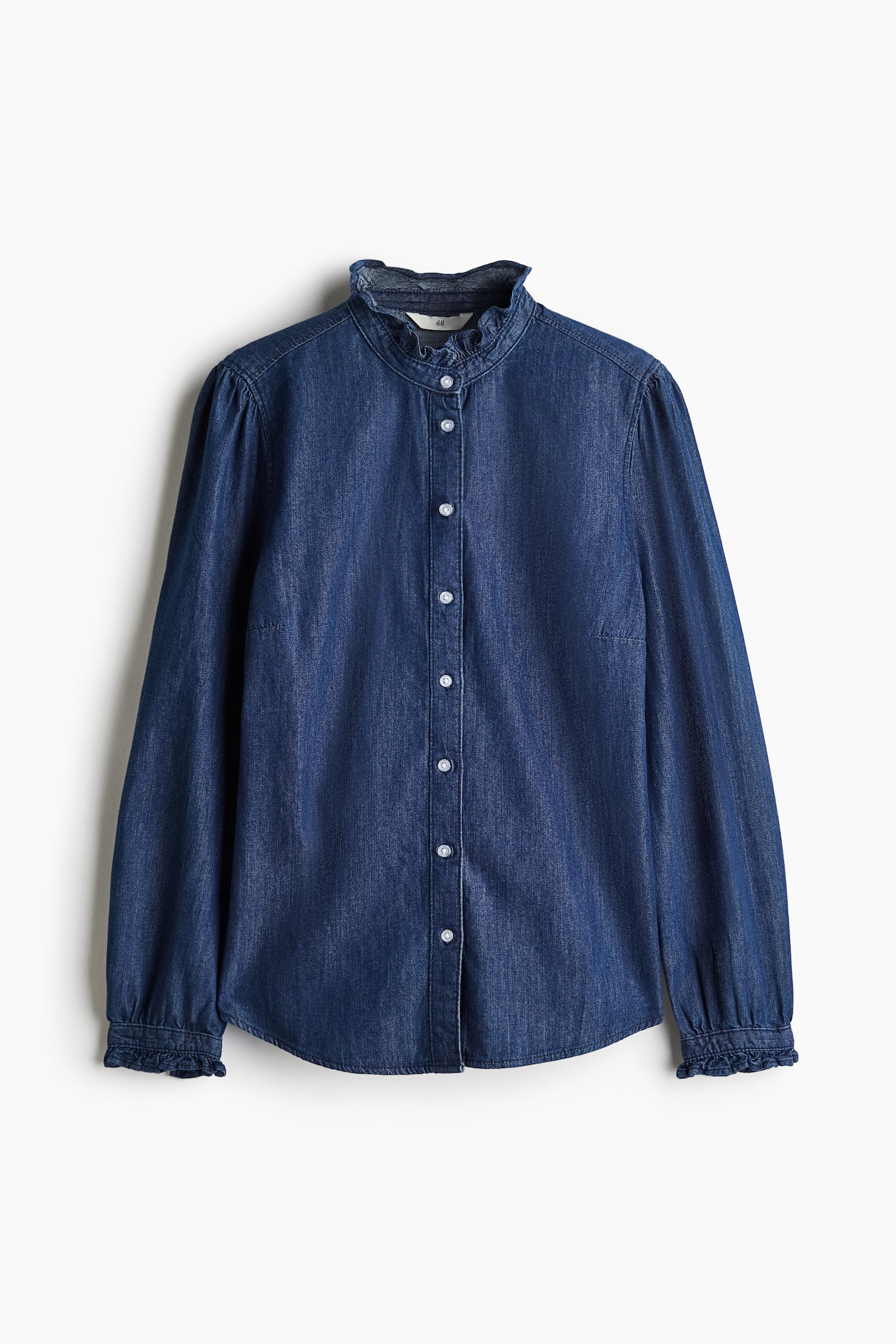 Frill-trimmed denim blouse - Dark denim blue/Light denim blue - 2