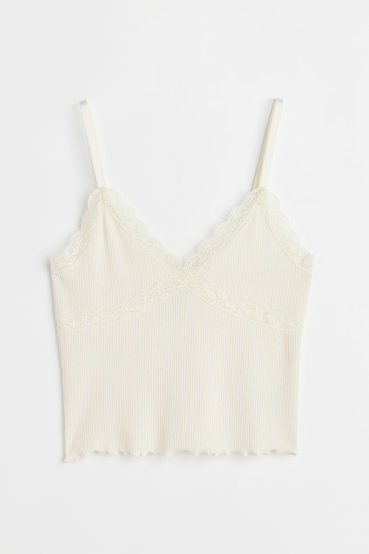Lace-trimmed ribbed top - Cream