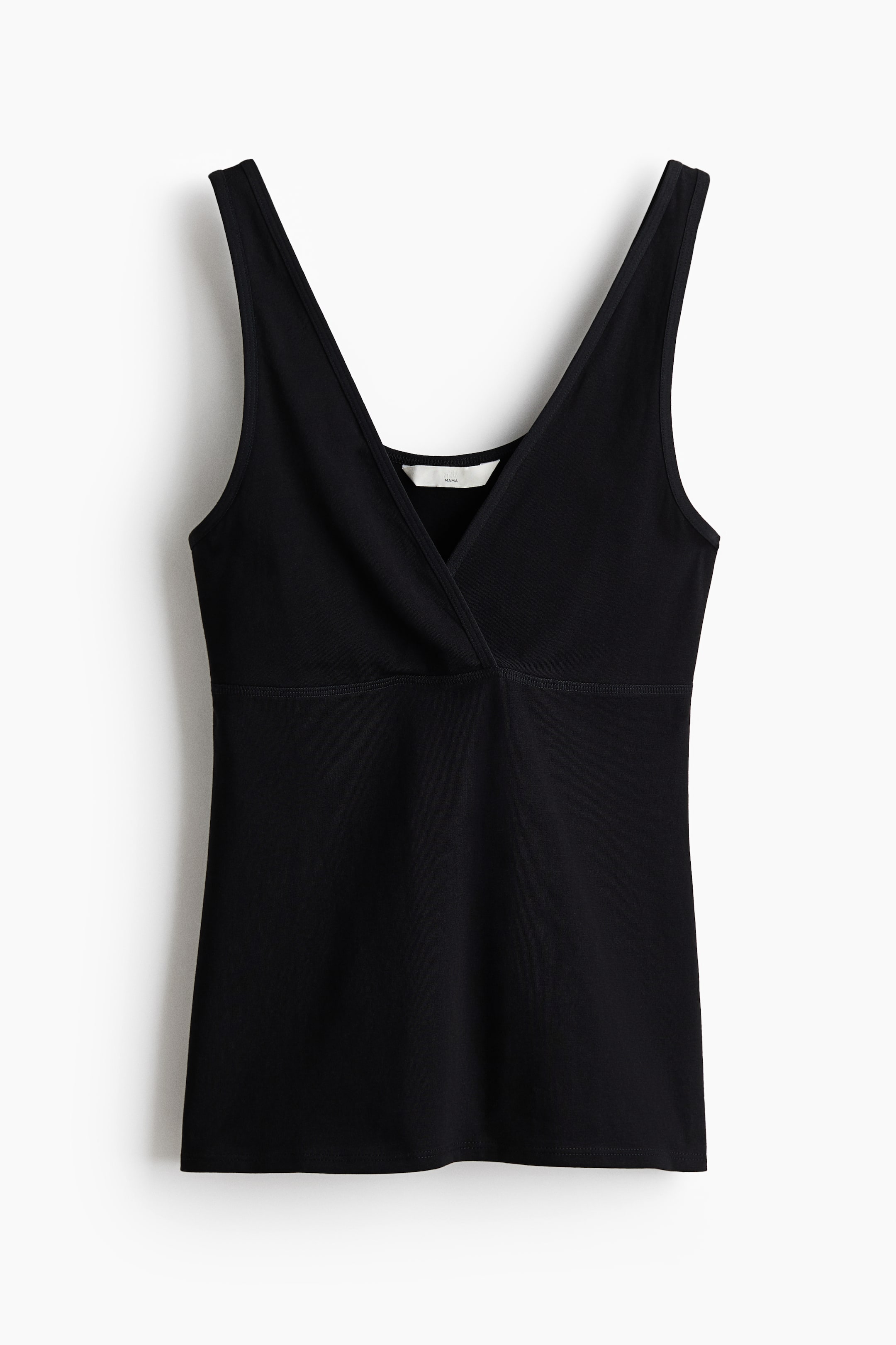 View larger image: A black sleeveless top is shown front-facing, featuring a wrap-style V-neckline, wide shoulder straps, and a horizontal seam running below the bust that defines the fitted bodice.
