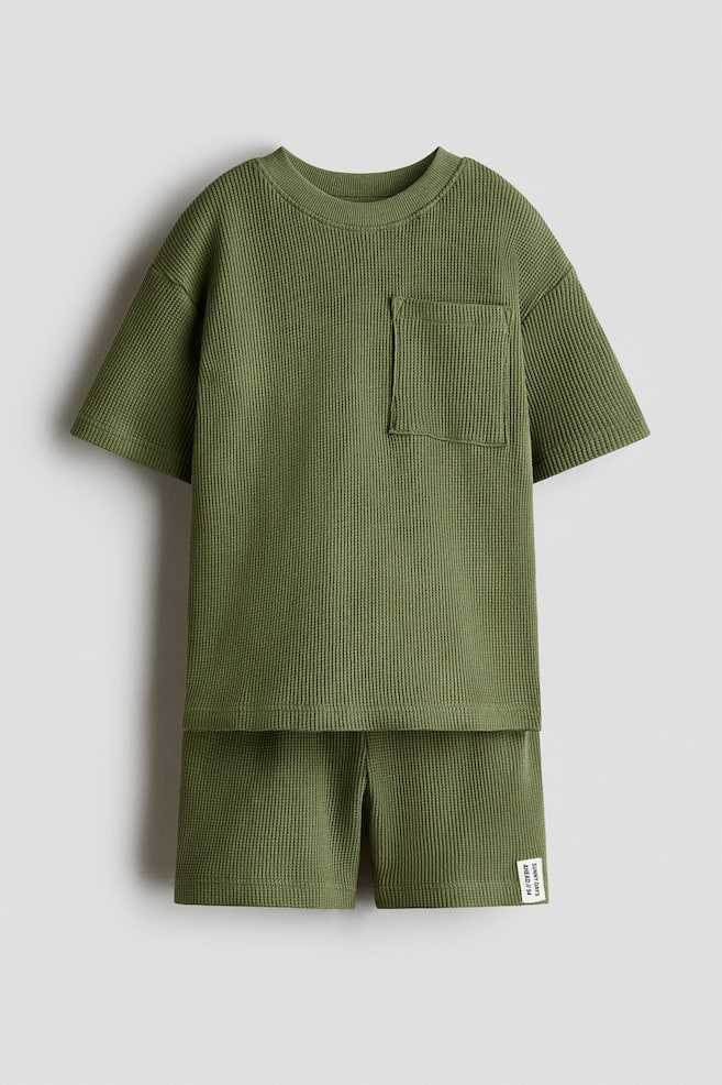 2-piece waffled cotton set - Khaki green/Yellow/Navy blue - 1