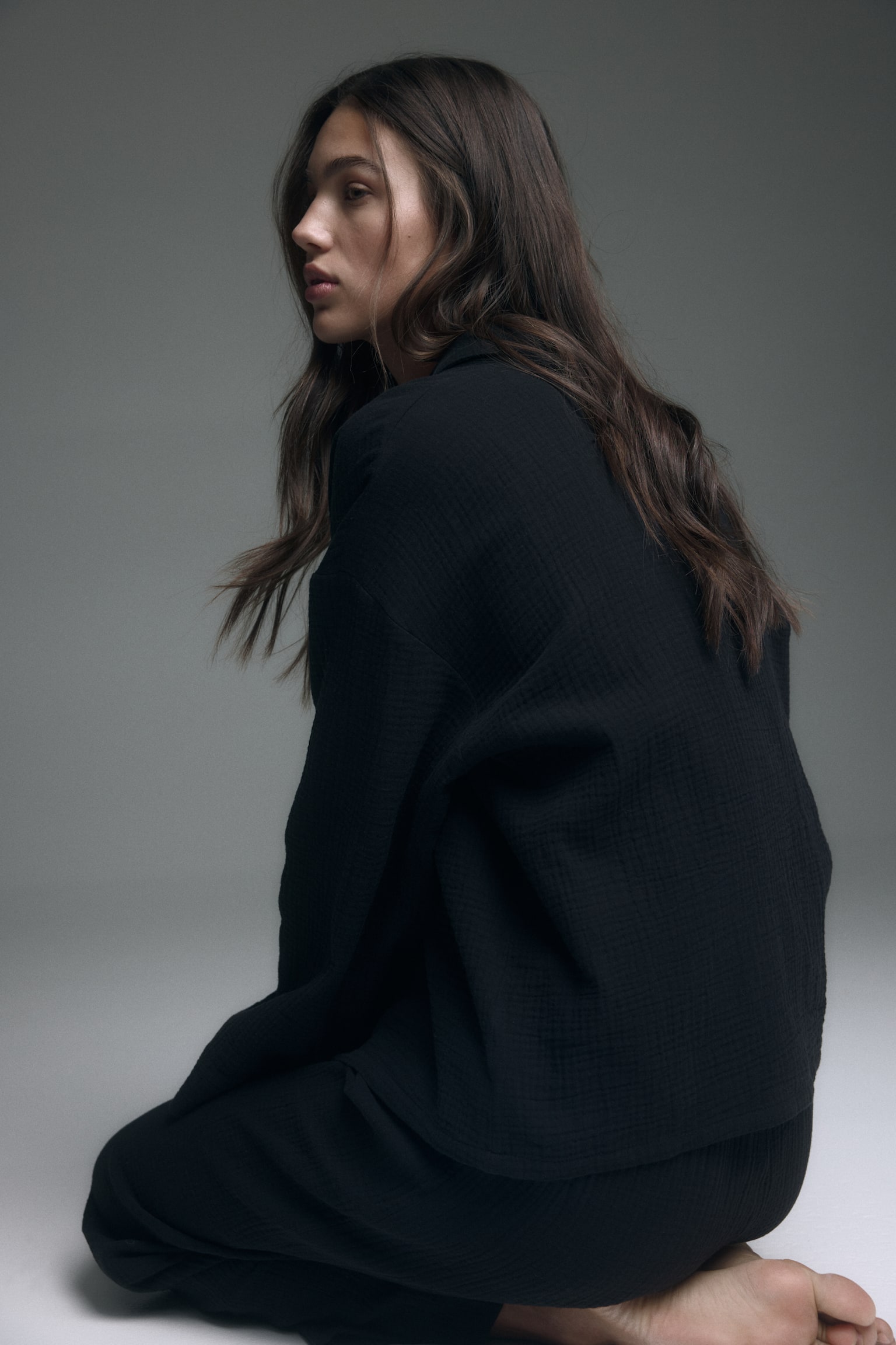 Bộ đồ ngủ bằng cotton muslin - Màu đen/Màu kem/Hoa - 3