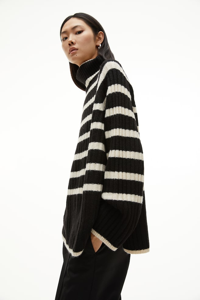 Rib-knit polo-neck jumper - Black/Striped/White/Striped/Beige - 4