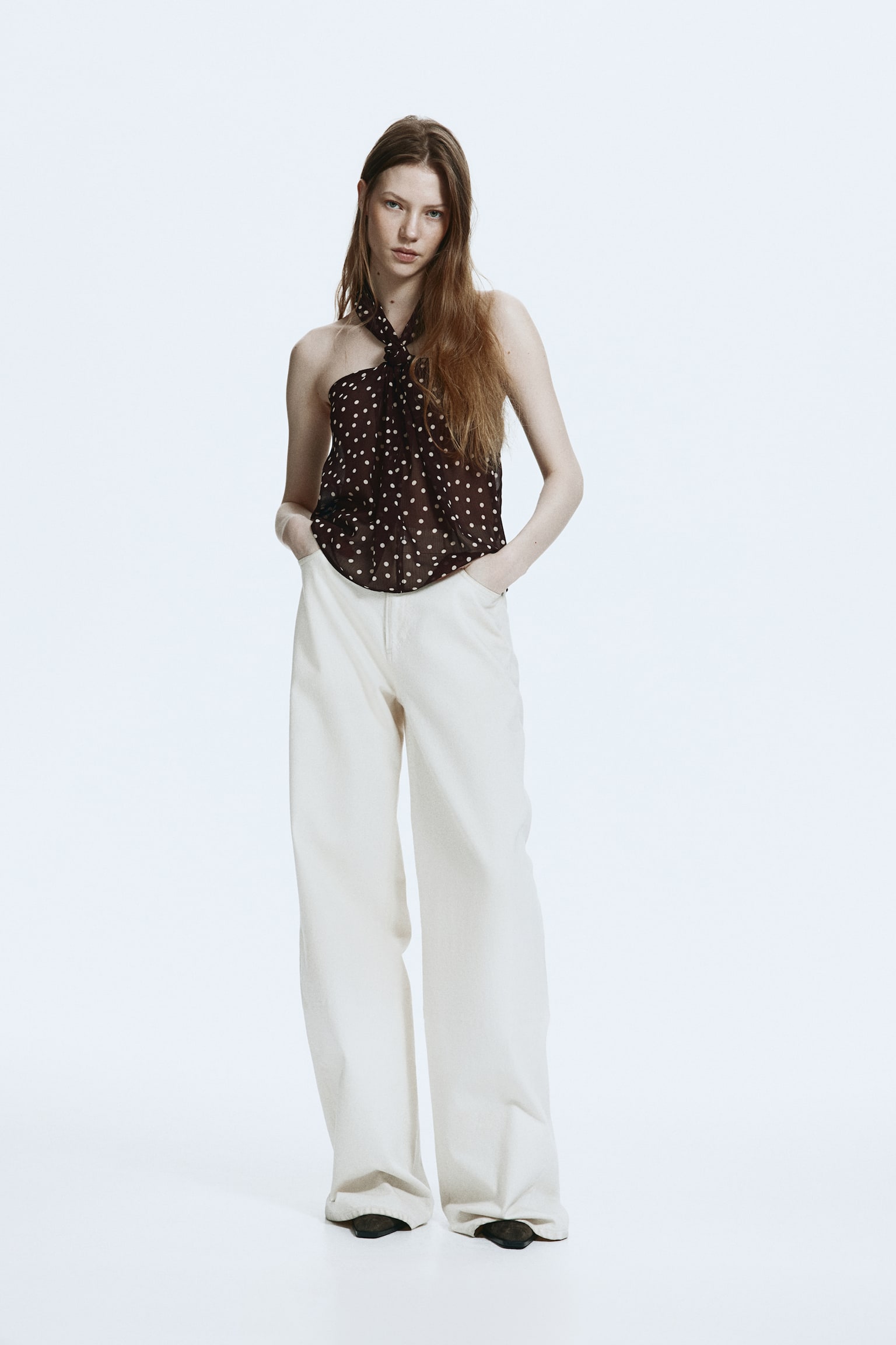 Szyfonowy top z mocowaniem na karku - Ciemnobrązowy/Kropki/Beżowy/Panterka - 2