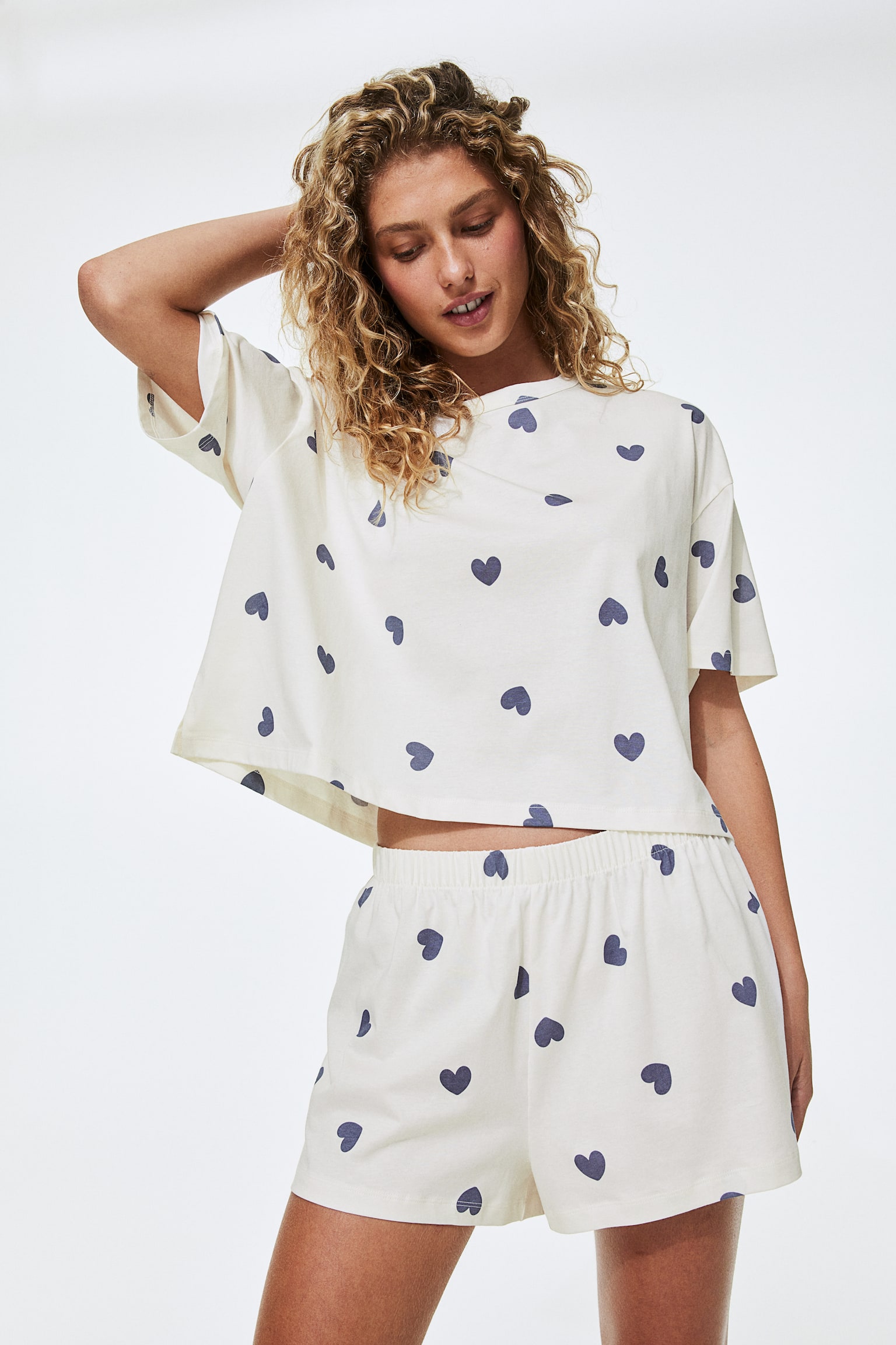 Pyjama Tee & Shorts Set - White/Hearts - 1