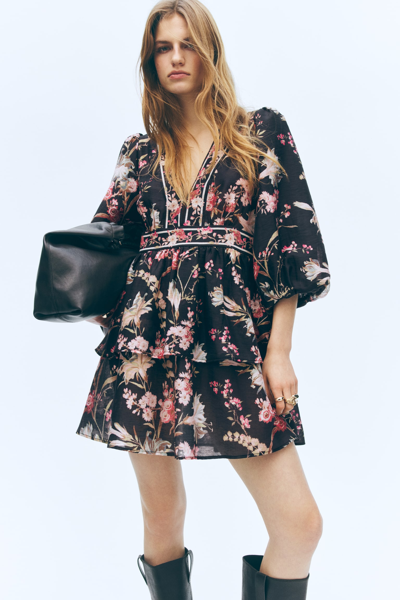 Linen-blend dress - Black/Floral/Light beige/Floral - 5