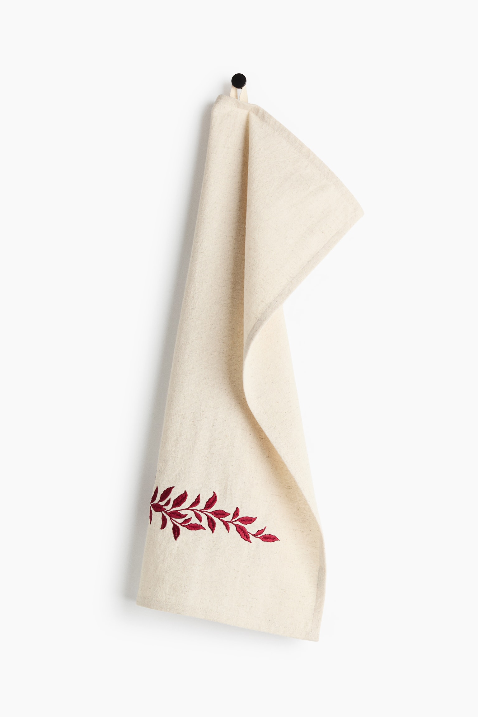 Embroidered linen-blend tea towel - Light beige/Foliage