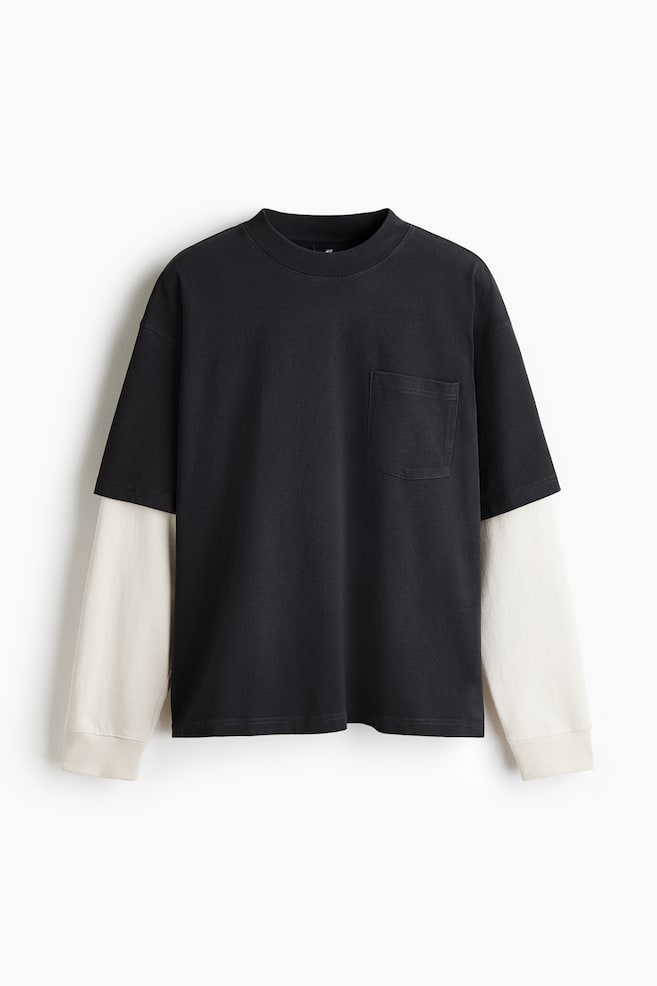 Bawełniany top warstwowy Oversized Fit - Czarny/Bloki kolorów/Jaskraworóżowy/Bloki kolorów - 1