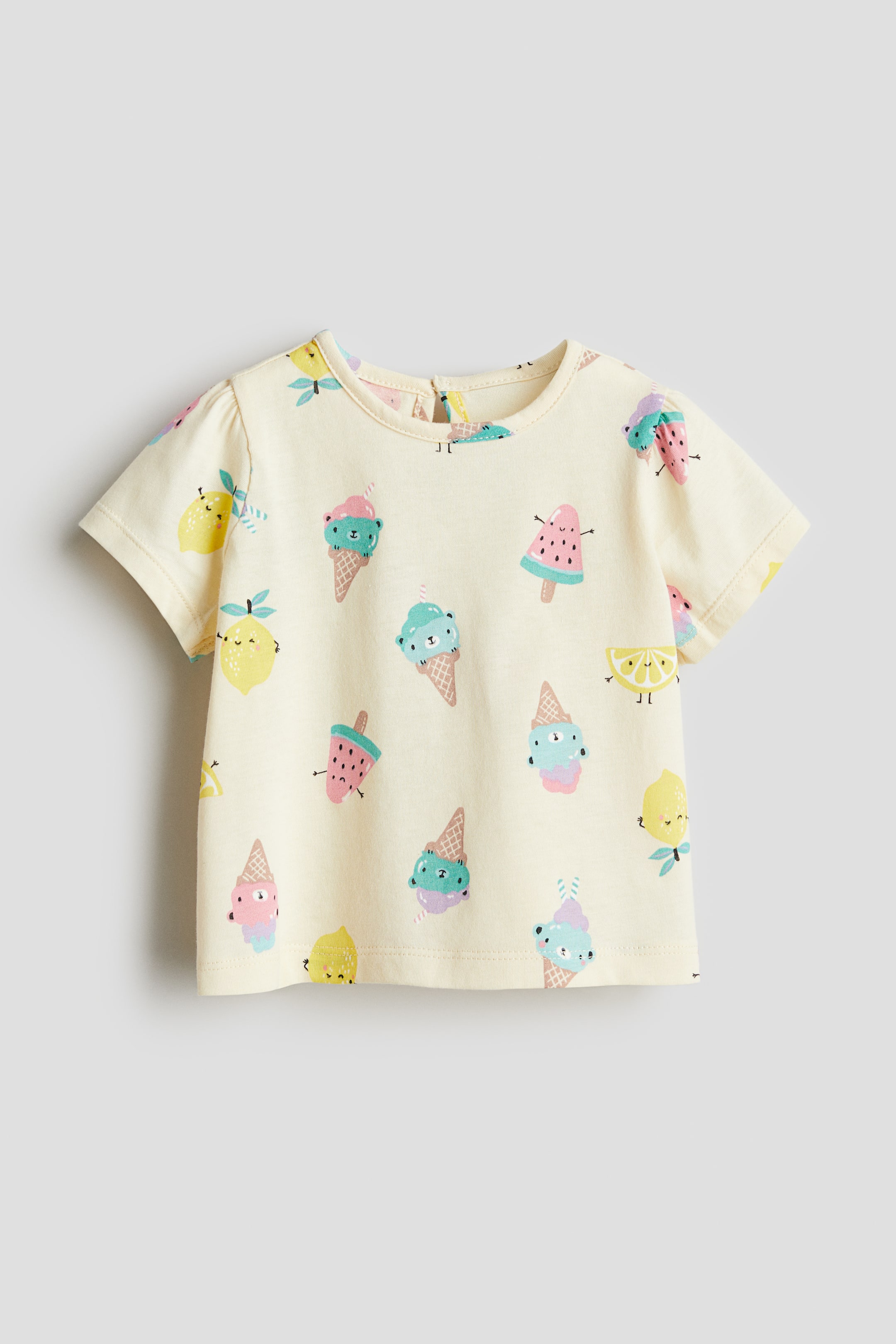 Printed jersey top - Round neck - Short sleeve - Yellow/Ice cream cones ...