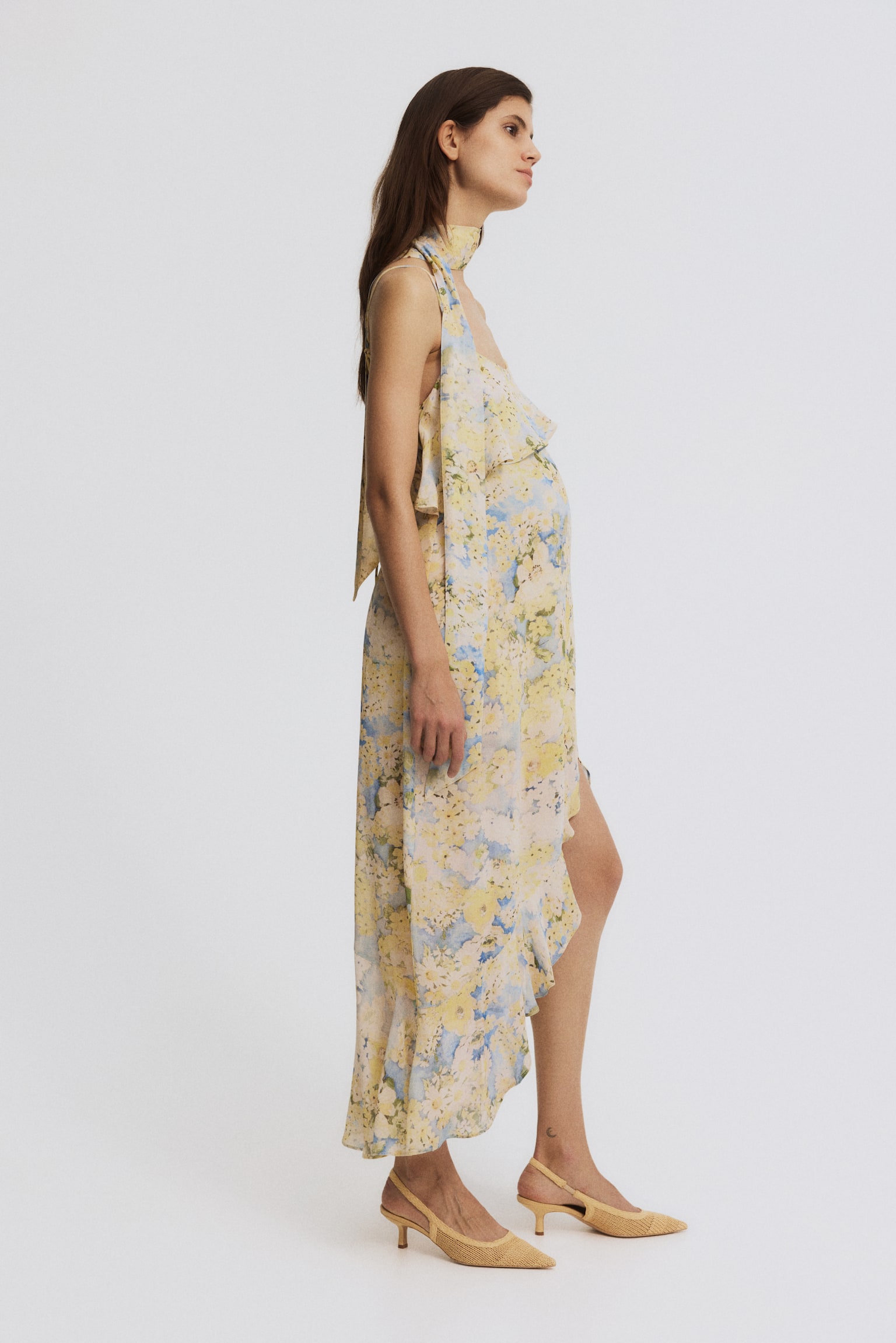 MAMA Flounced chiffon dress with scarf - Yellow/Floral - 3