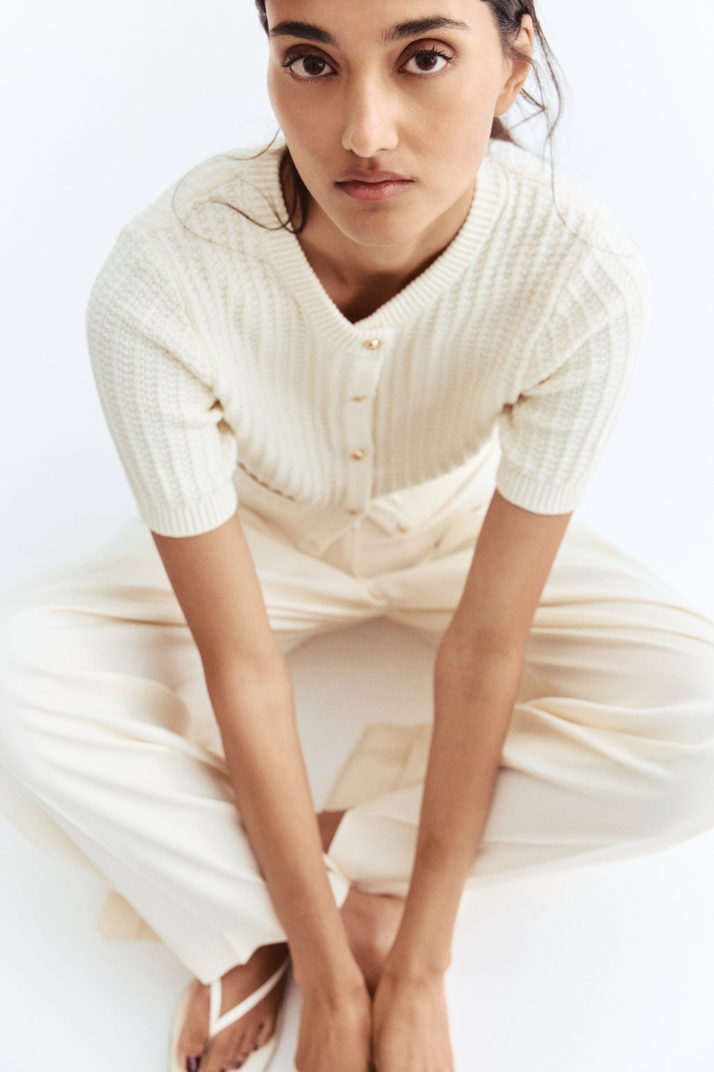 Textured Knit Cardigan-Cream