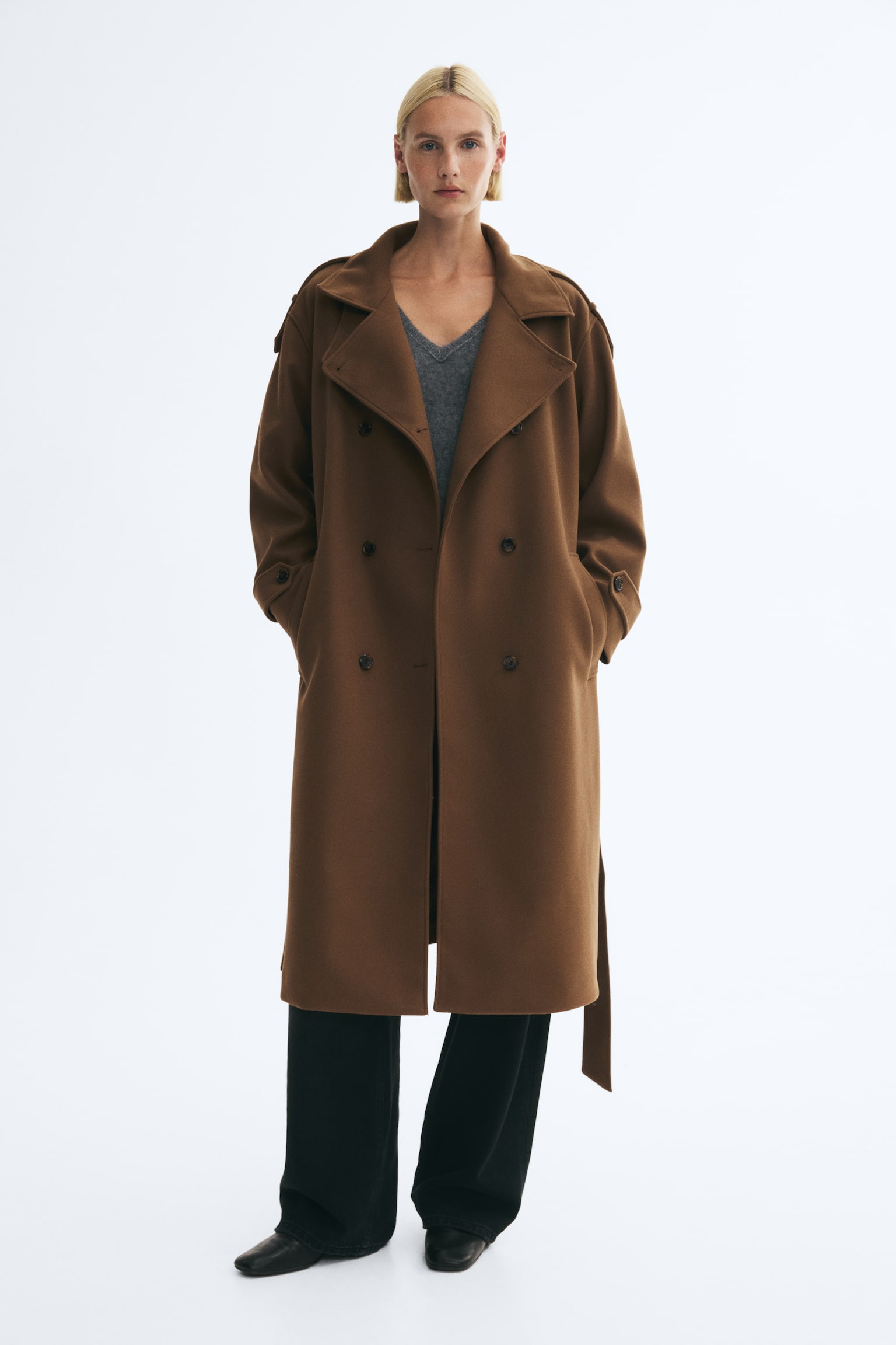 Женское пальто H&M Oversized Funnel-Collar, цвет: Тёмный бежевый — фото 3