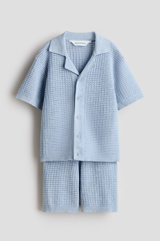 2-piece pointelle-knit cotton set - Light blue/Light beige - 1